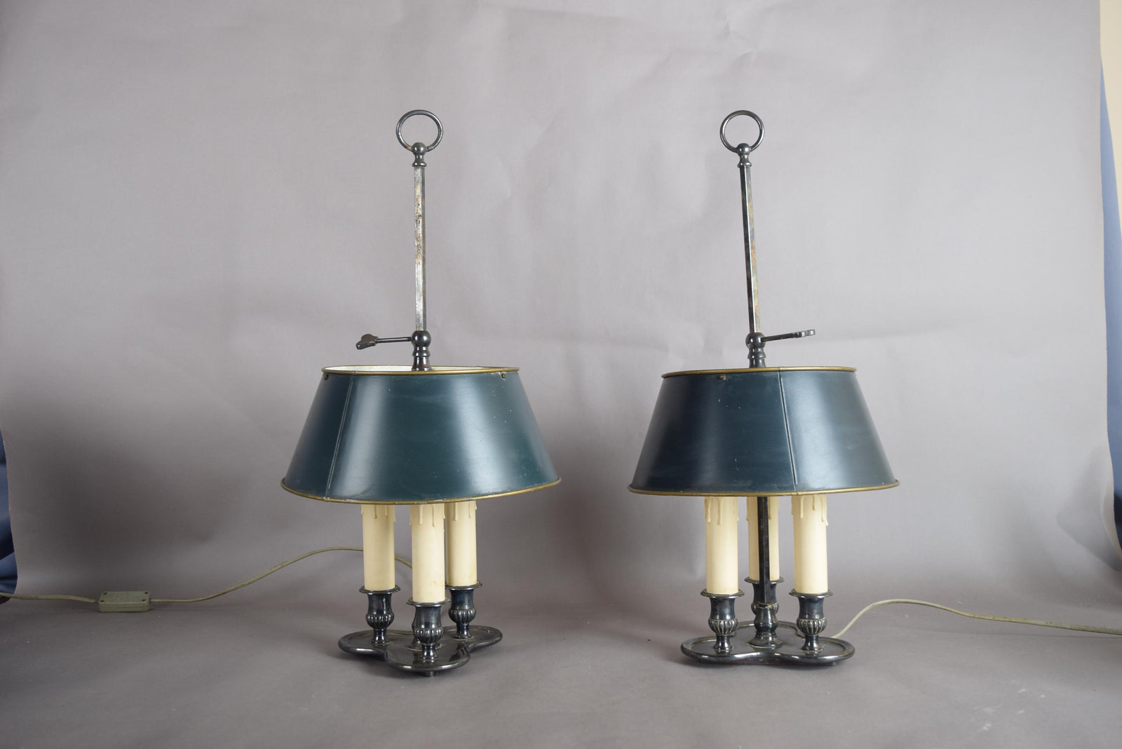 Pair of French Bouillotte Lamps, Silvered Metal with Teal Tole Shades, Empire Style, 1950s