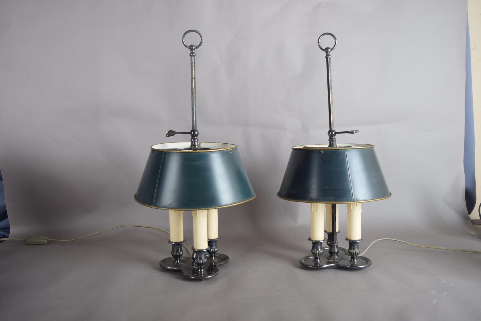 Pair of French Bouillotte Lamps, Silvered Metal with Teal Tole Shades, Empire Style, 1950s