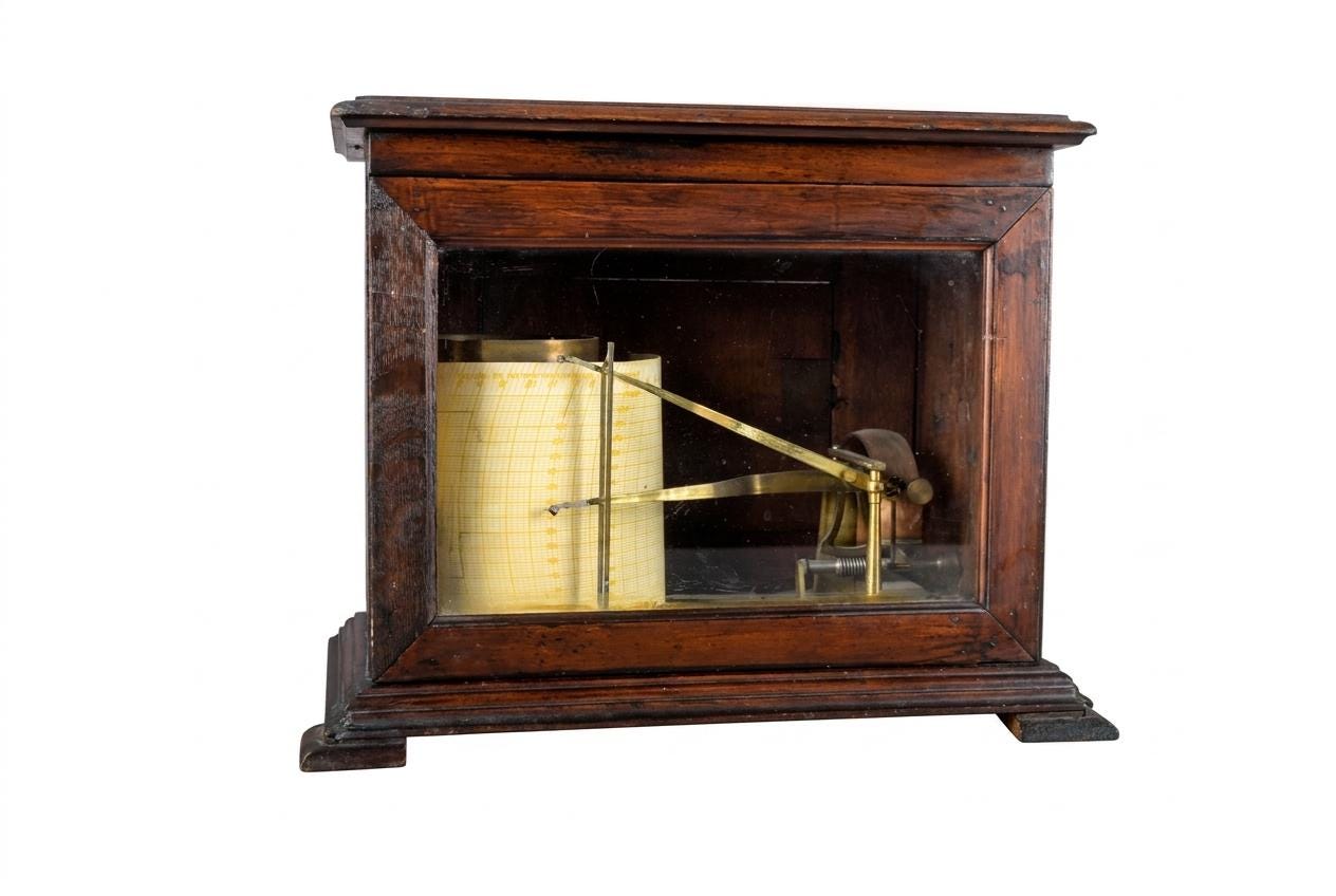 Antique Oak Barograph, Brass Mechanism with Chart Drum — English, 1930s