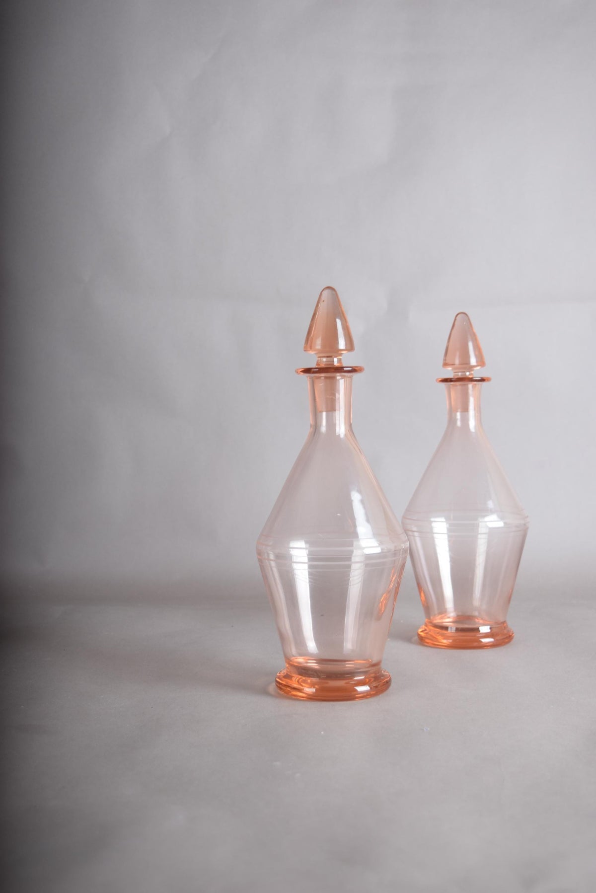 Vintage Pink Glass Carafe Pair, Rounded Art Deco Style Form