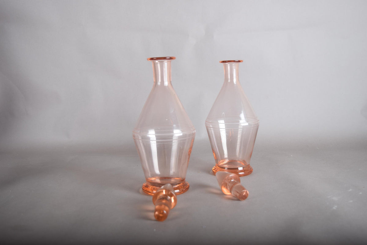 Vintage Pink Glass Carafe Pair, Rounded Art Deco Style Form