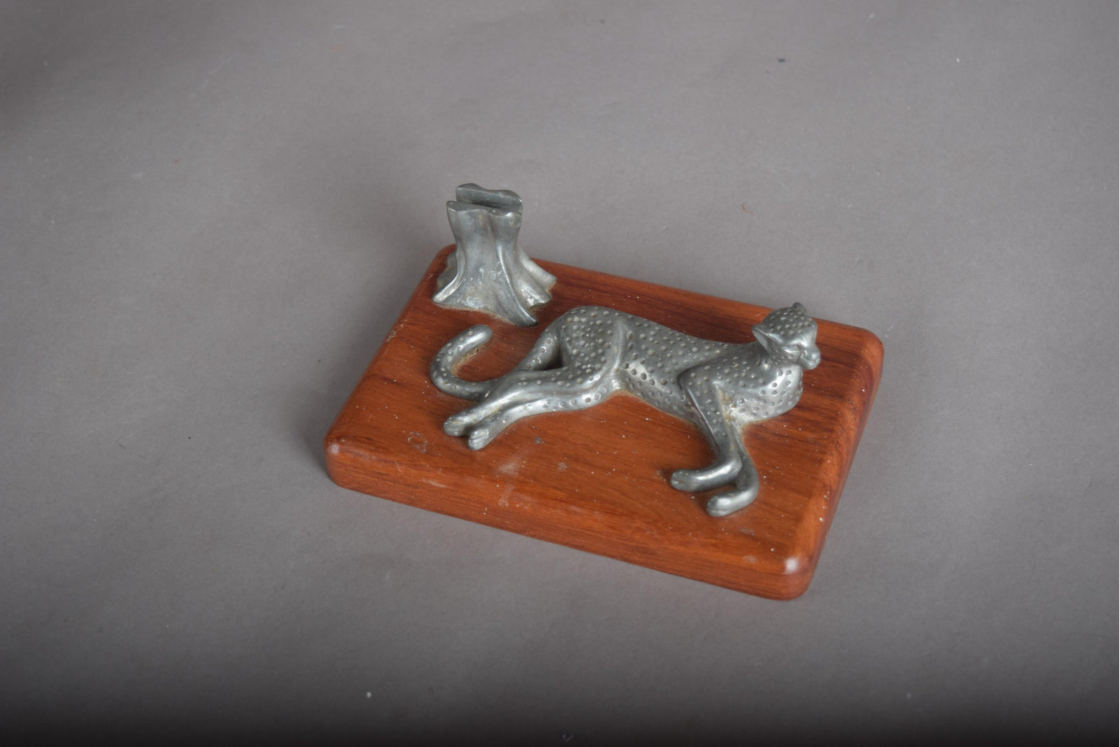 Vintage Leopard Pen Holder, Cast Metal Safari Desk Organizer, Wood Base