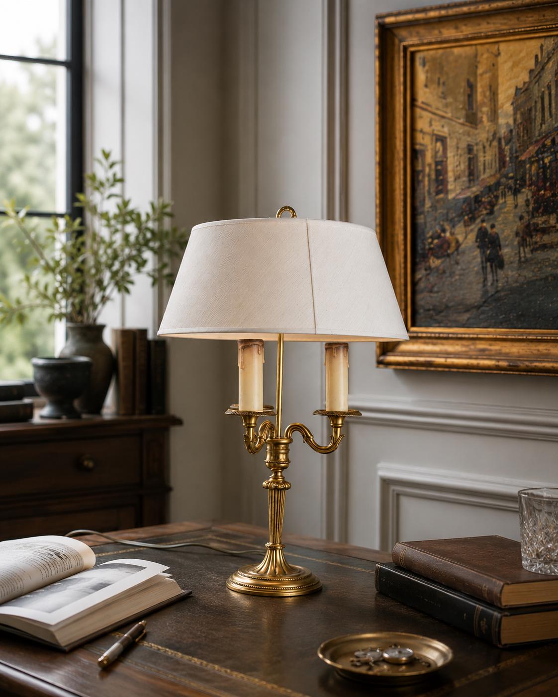 French Bouillotte Lamp, Gilt Brass Three-Arm Candelabra Base, Louis XVI Style, 1950s