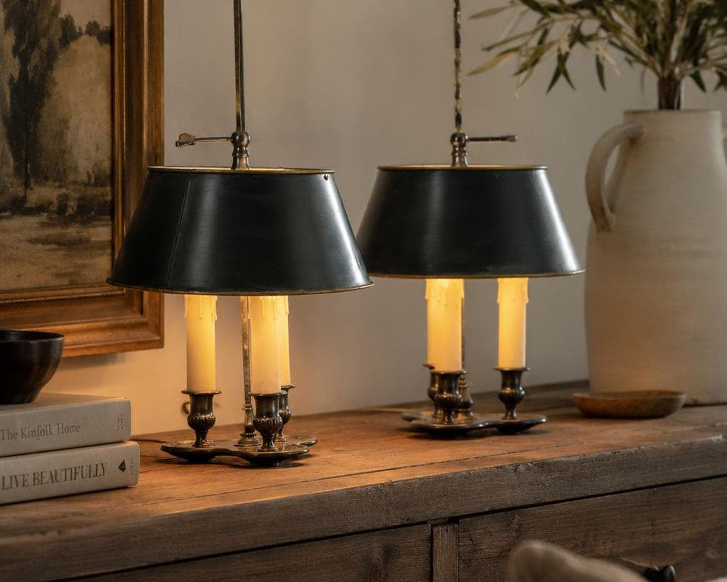 Pair of French Bouillotte Lamps, Silvered Metal with Teal Tole Shades, Empire Style, 1950s