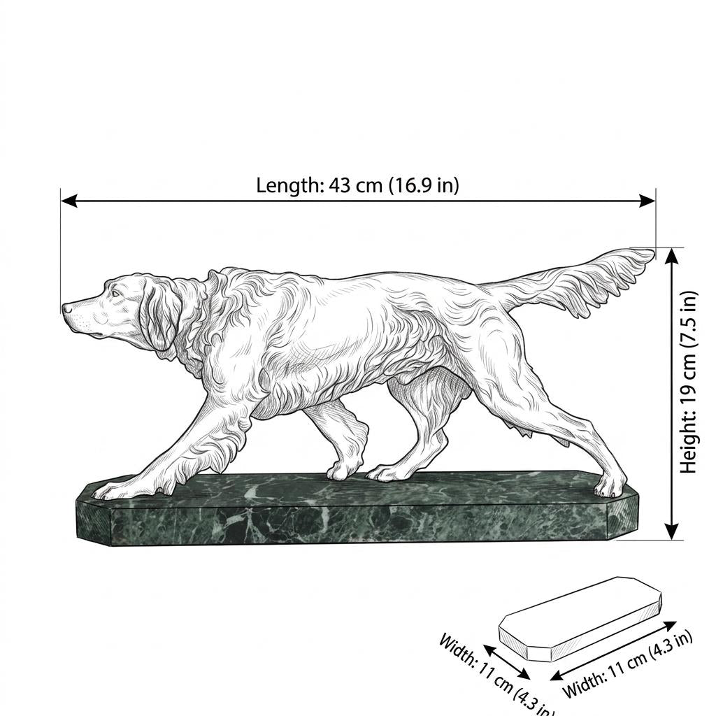 Vintage Patinated Spelter English Setter Dog Sculpture, Green Marble Base, Animalier Style, 1930s