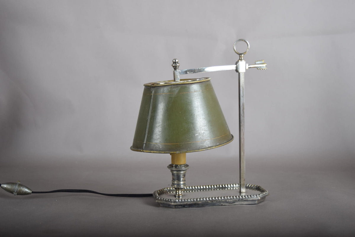 Single-Arm Bouillotte Desk Lamp, Silvered Metal with Arrow Locking Mechanism, Olive Tole Shade, 1950s