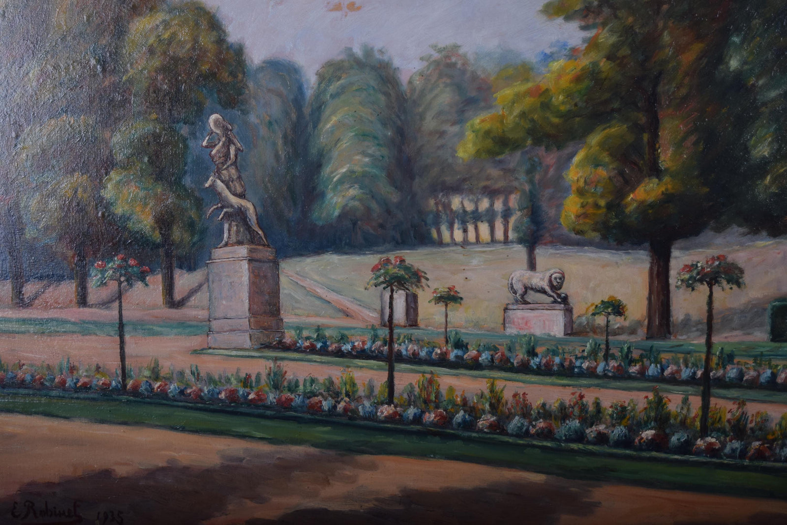Antique French Garden Landscape Oil Painting, Signed E. Robinet 1935 — Gilt Framed