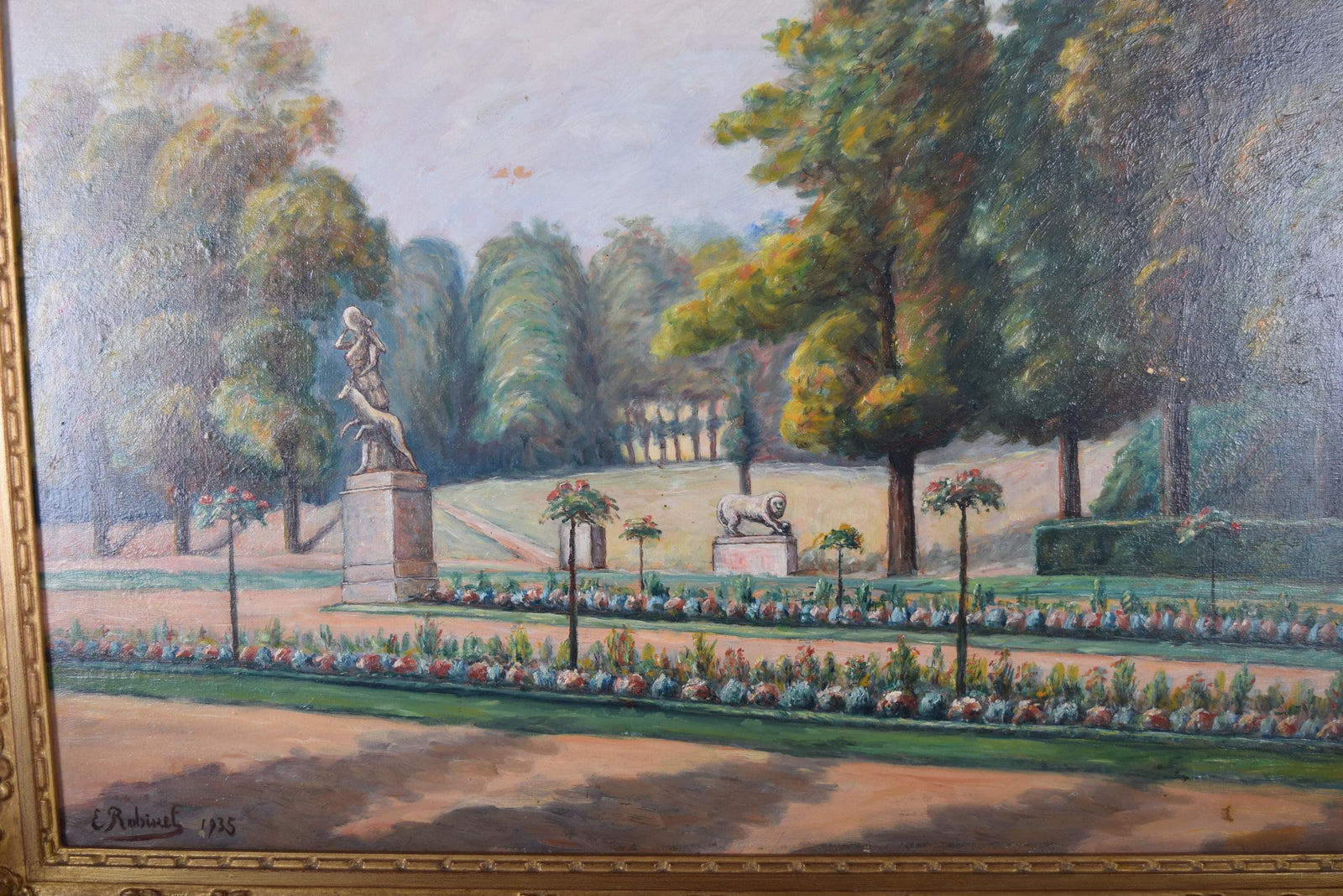 Antique French Garden Landscape Oil Painting, Signed E. Robinet 1935 — Gilt Framed