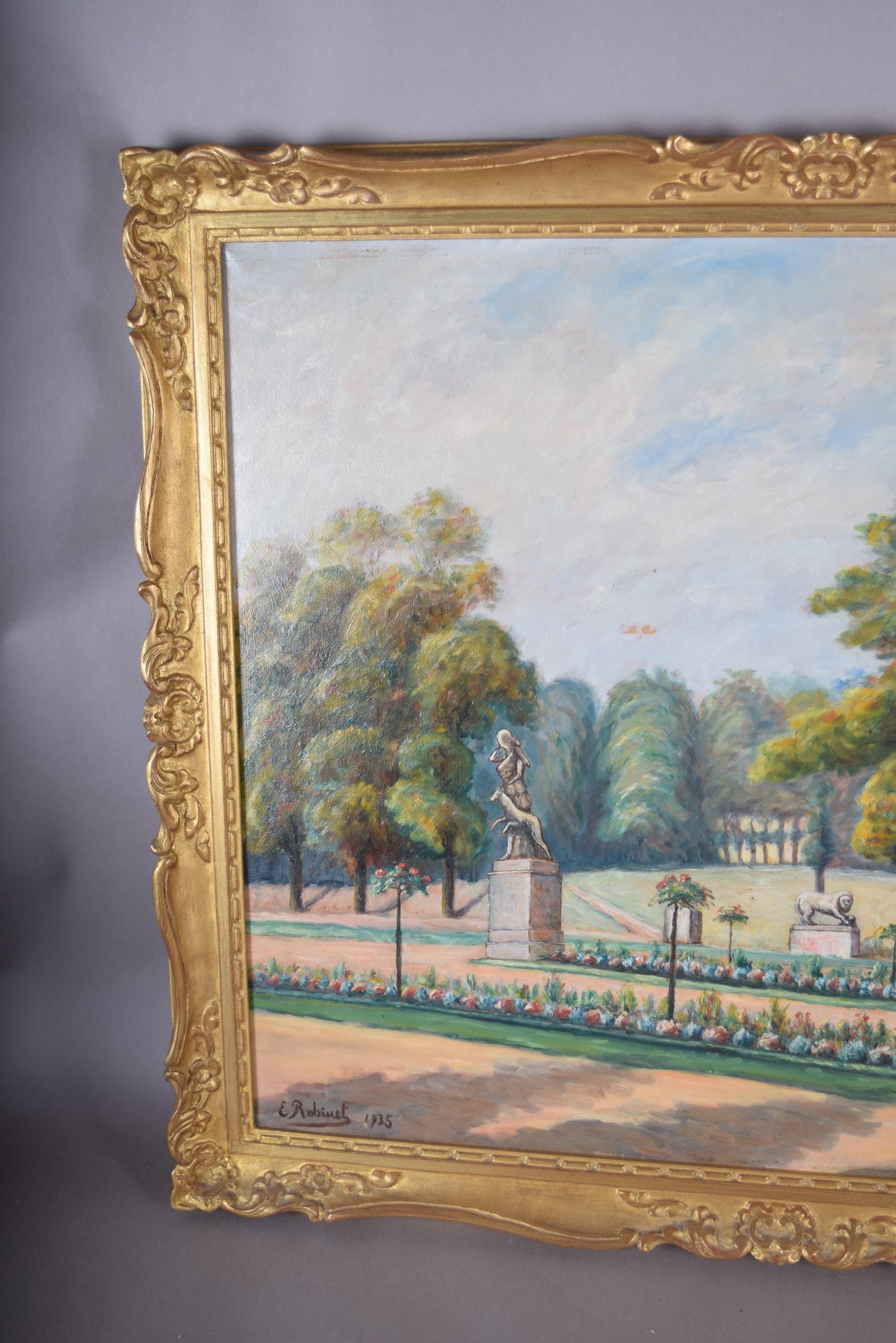 Antique French Garden Landscape Oil Painting, Signed E. Robinet 1935 — Gilt Framed