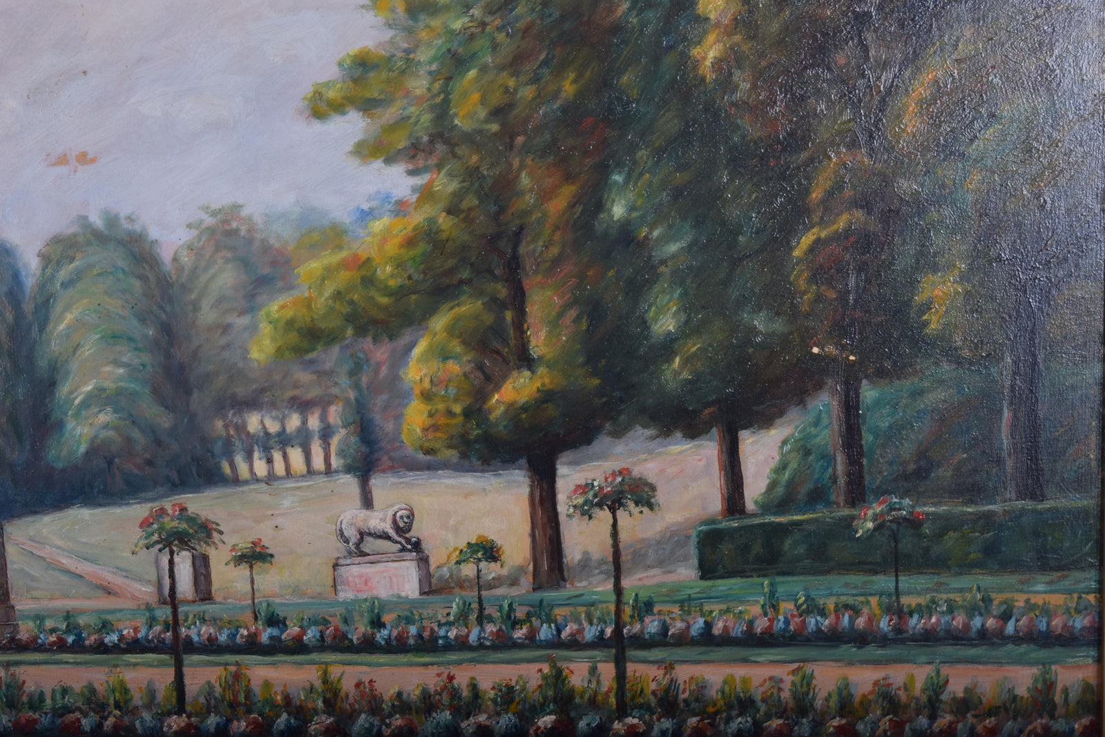 Antique French Garden Landscape Oil Painting, Signed E. Robinet 1935 — Gilt Framed