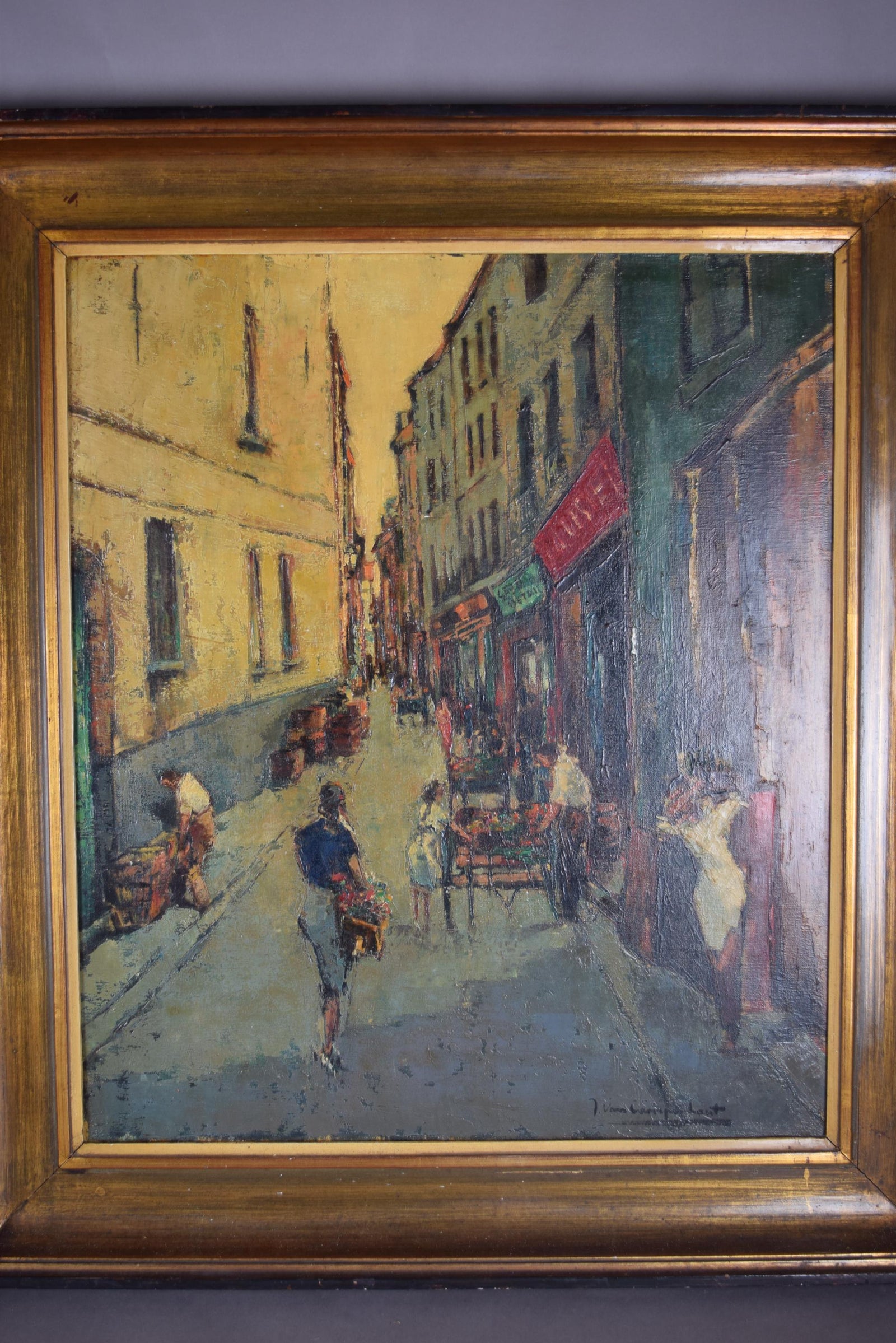 Signed Oil on Canvas, Parisian Street Scene — Rue Quincampoix, Impressionist Style, 1950s
