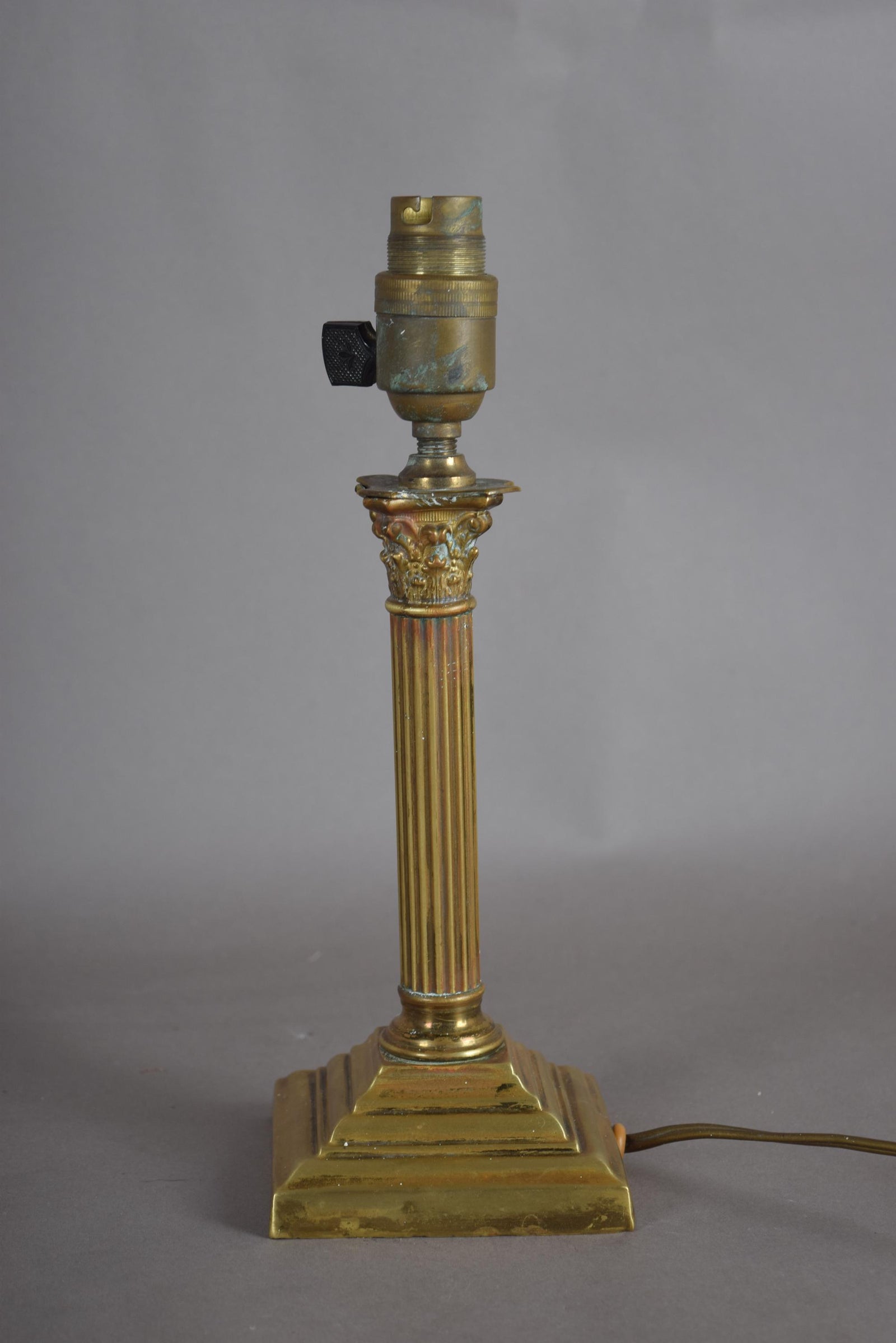 Vintage Patinated Brass Desk Lamp Base, Fluted Column, Corinthian Capital, No Shade, 1950s