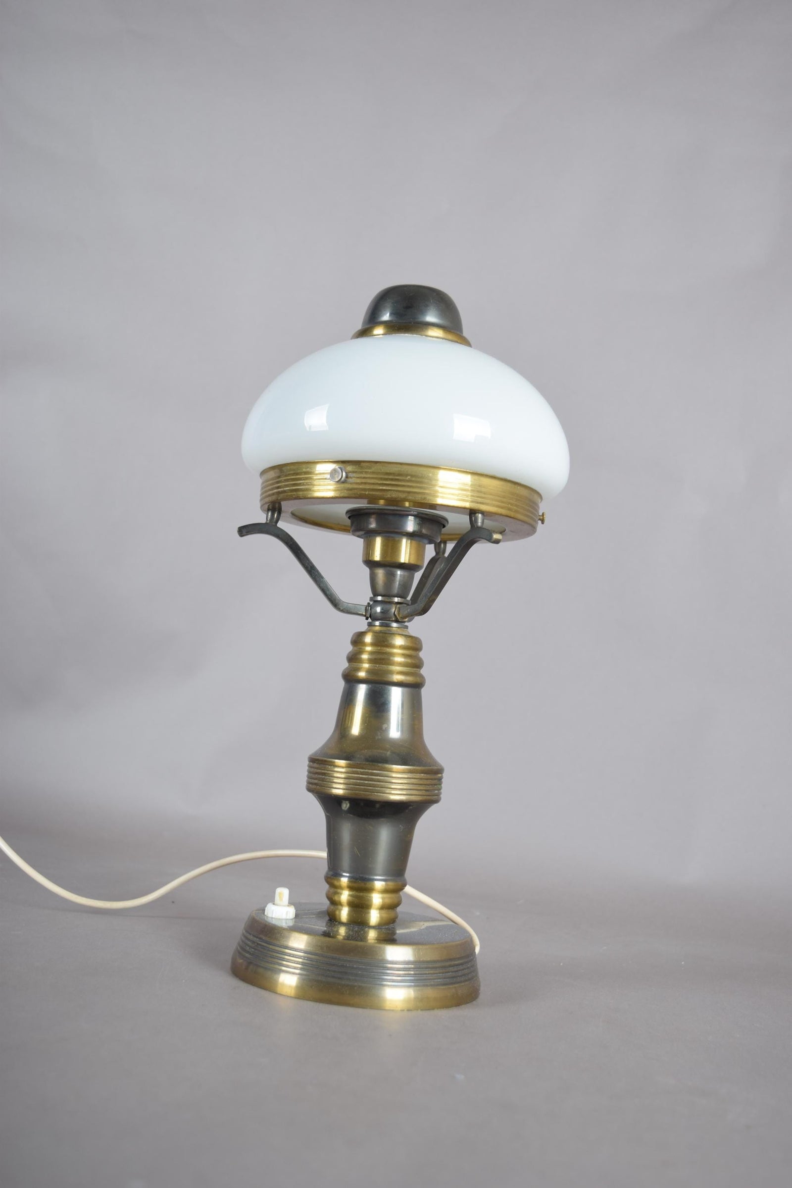 Vintage Brass Table Lamp with White Opaline Glass Dome Shade, Steampunk Style, 1950s