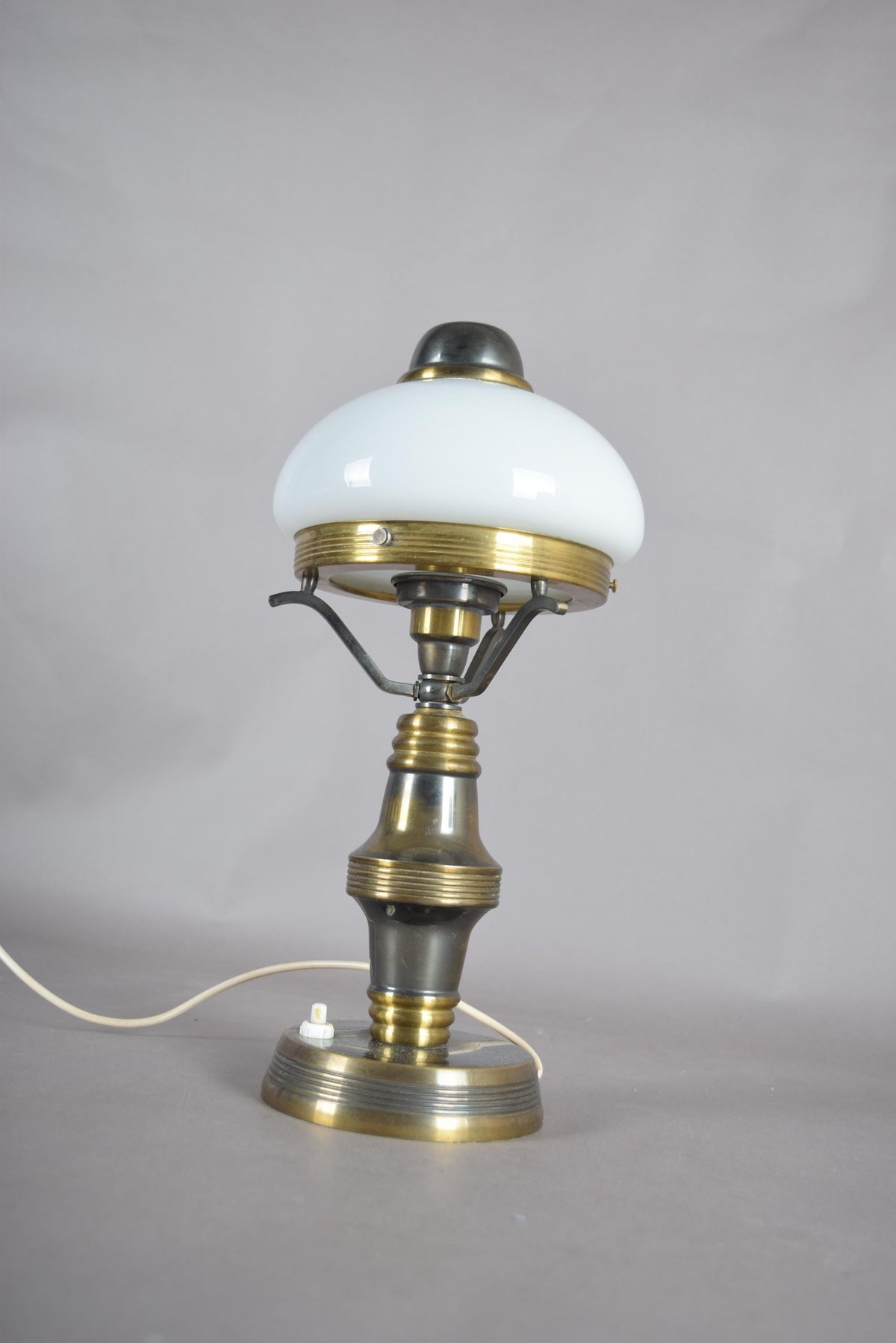 Vintage Brass Table Lamp with White Opaline Glass Dome Shade, Steampunk Style, 1950s