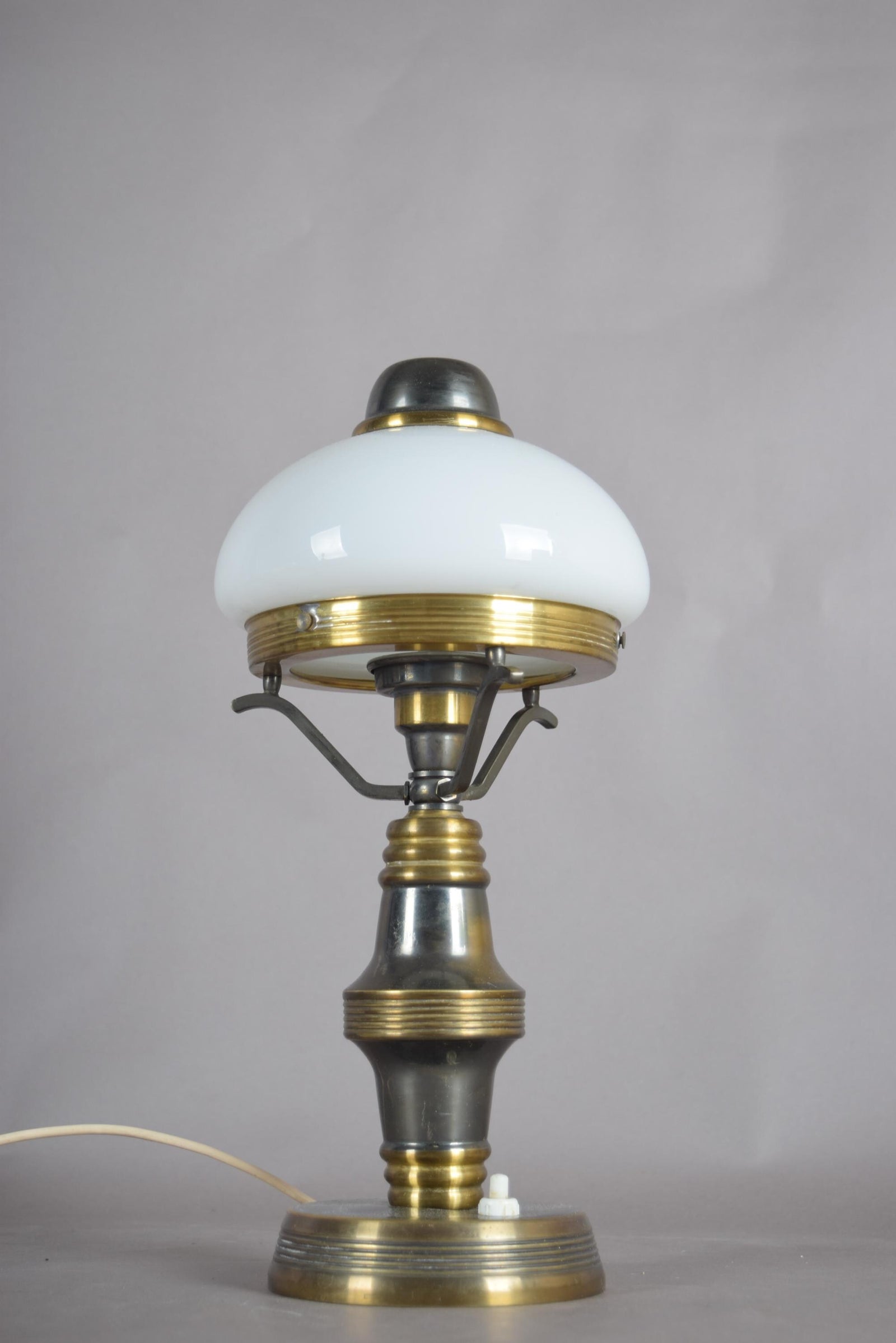 Vintage Brass Table Lamp with White Opaline Glass Dome Shade, Steampunk Style, 1950s