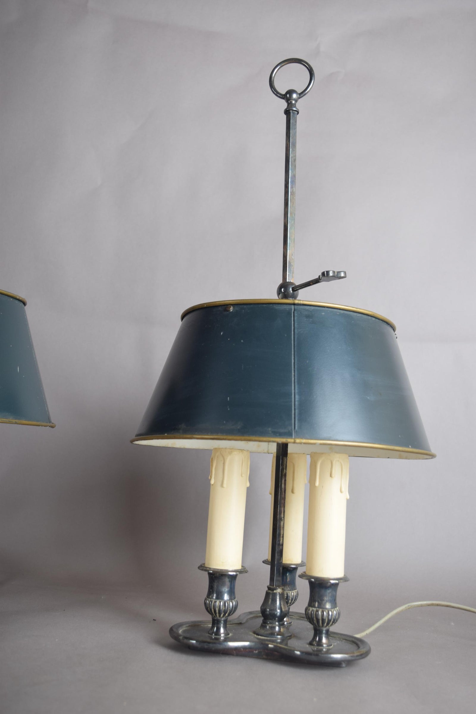 Pair of French Bouillotte Lamps, Silvered Metal with Teal Tole Shades, Empire Style, 1950s