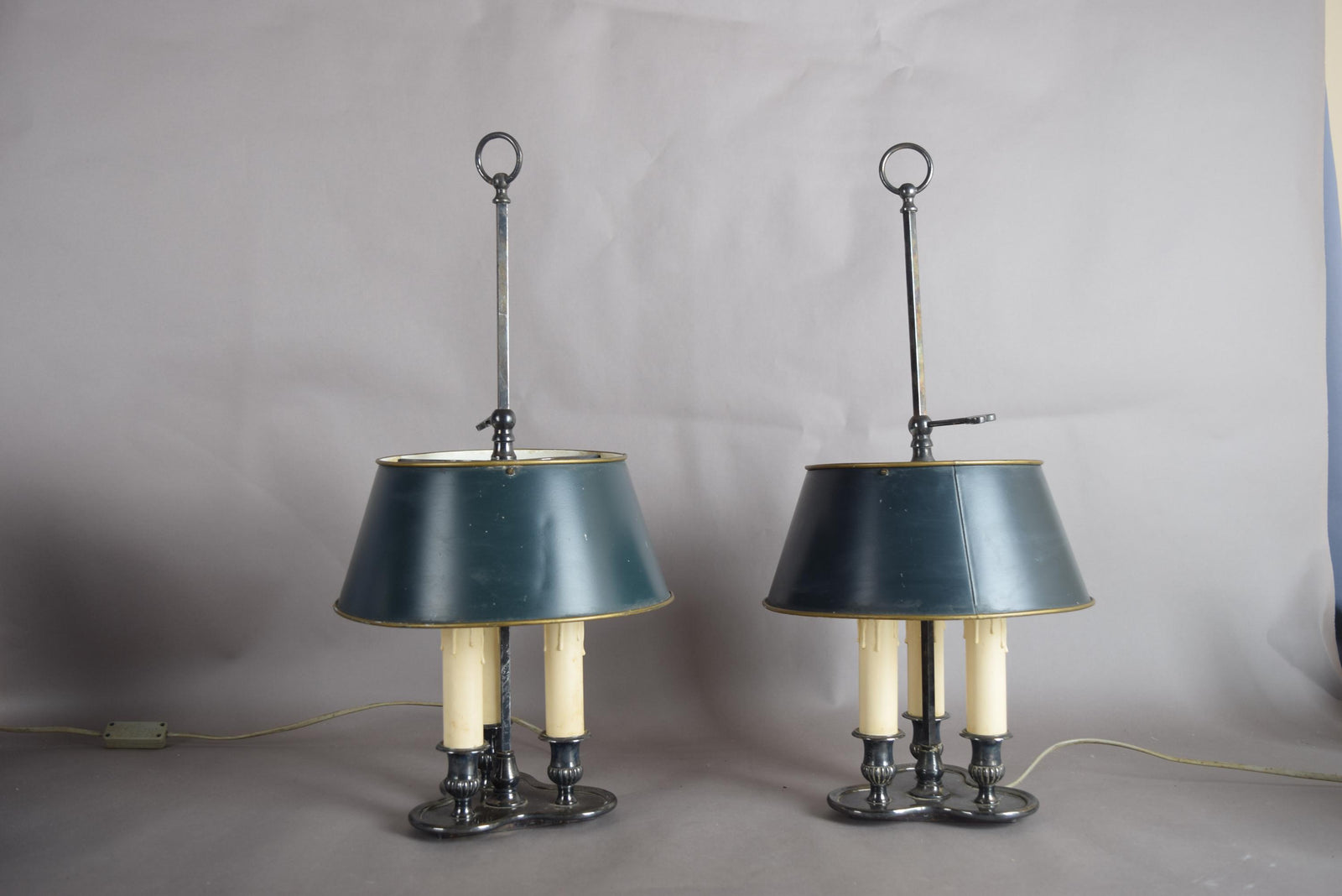 Pair of French Bouillotte Lamps, Silvered Metal with Teal Tole Shades, Empire Style, 1950s