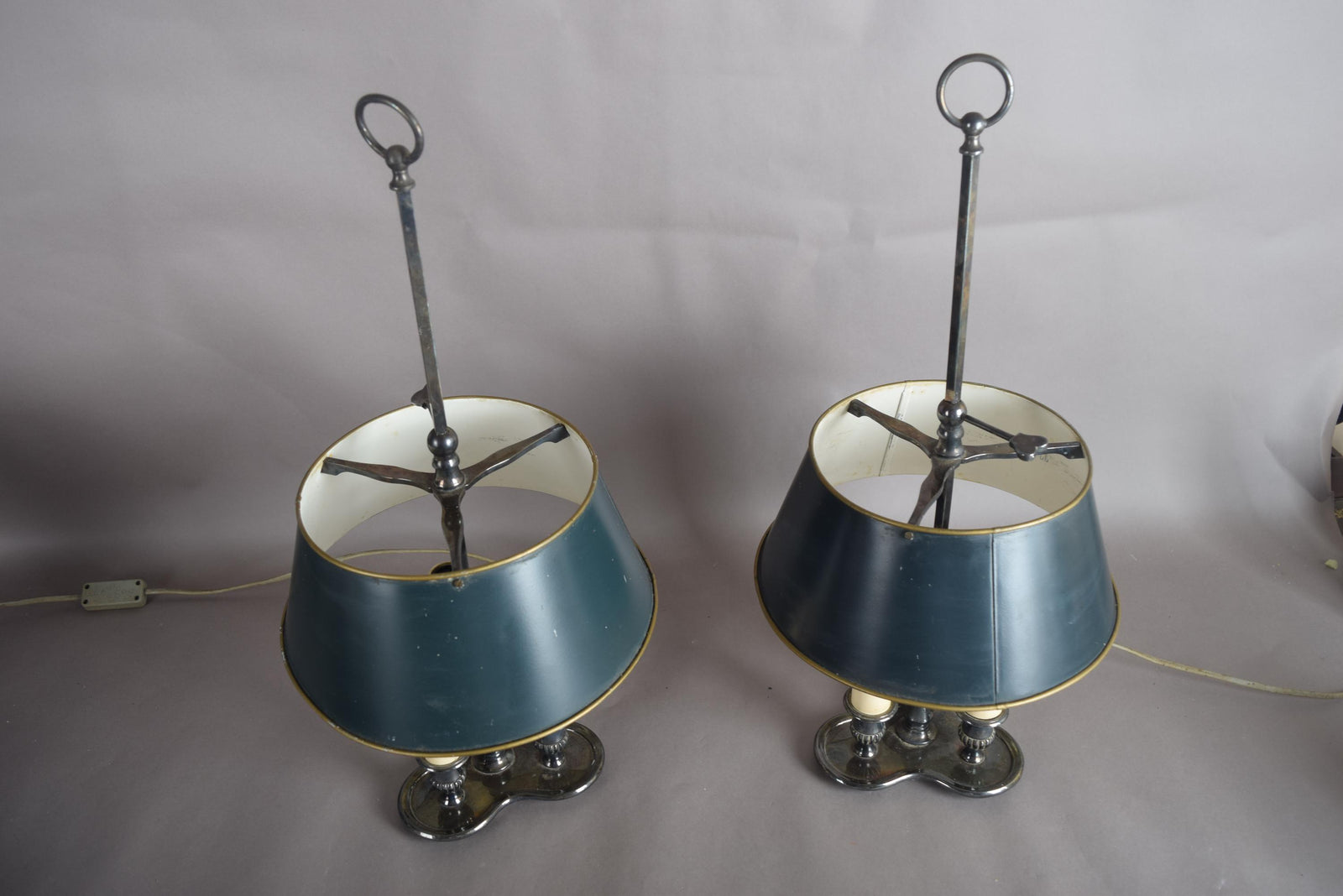 Pair of French Bouillotte Lamps, Silvered Metal with Teal Tole Shades, Empire Style, 1950s