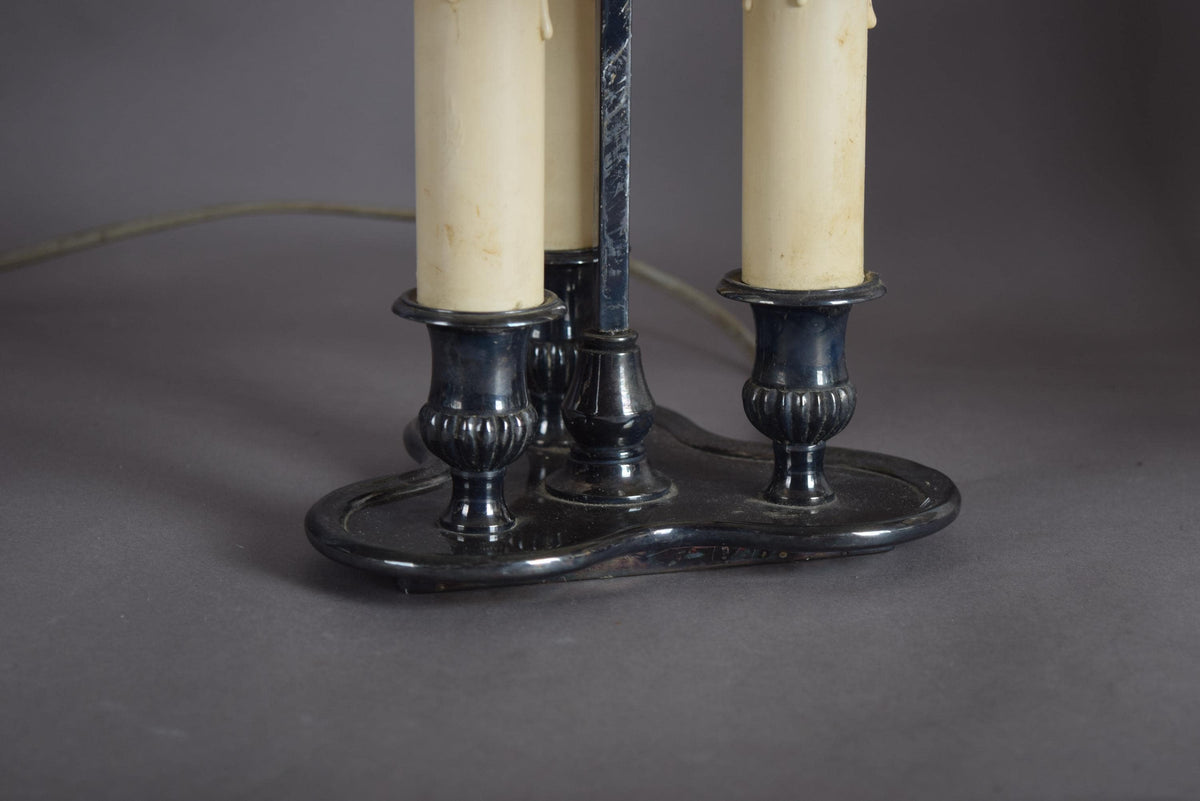 Pair of French Bouillotte Lamps, Silvered Metal with Teal Tole Shades, Empire Style, 1950s