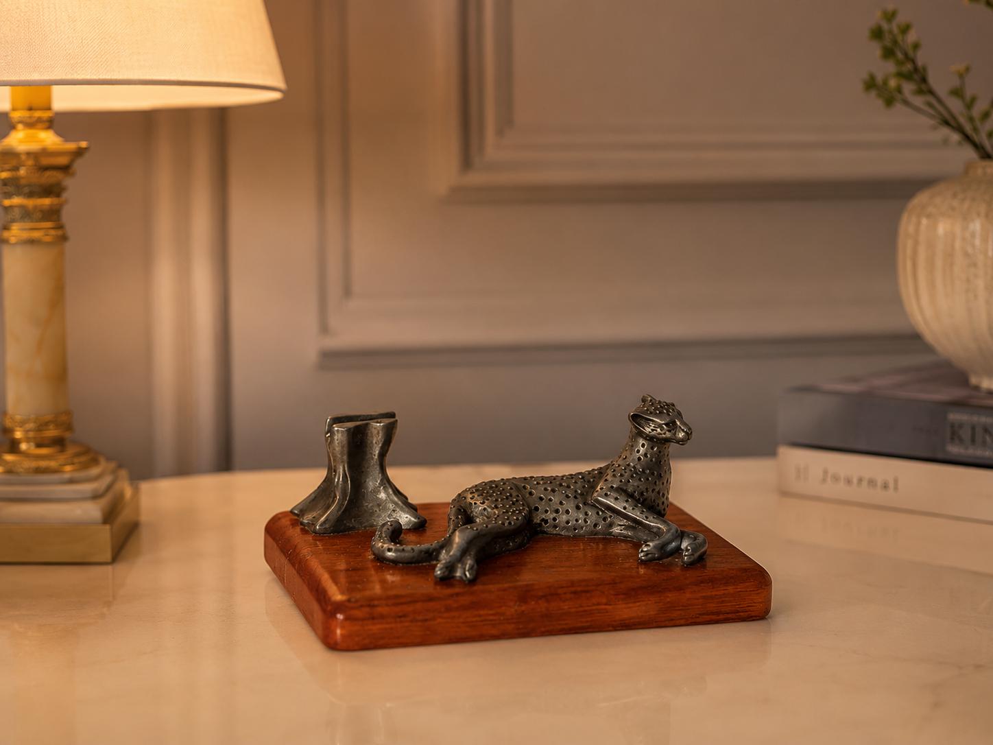 Vintage Leopard Pen Holder, Cast Metal Safari Desk Organizer, Wood Base