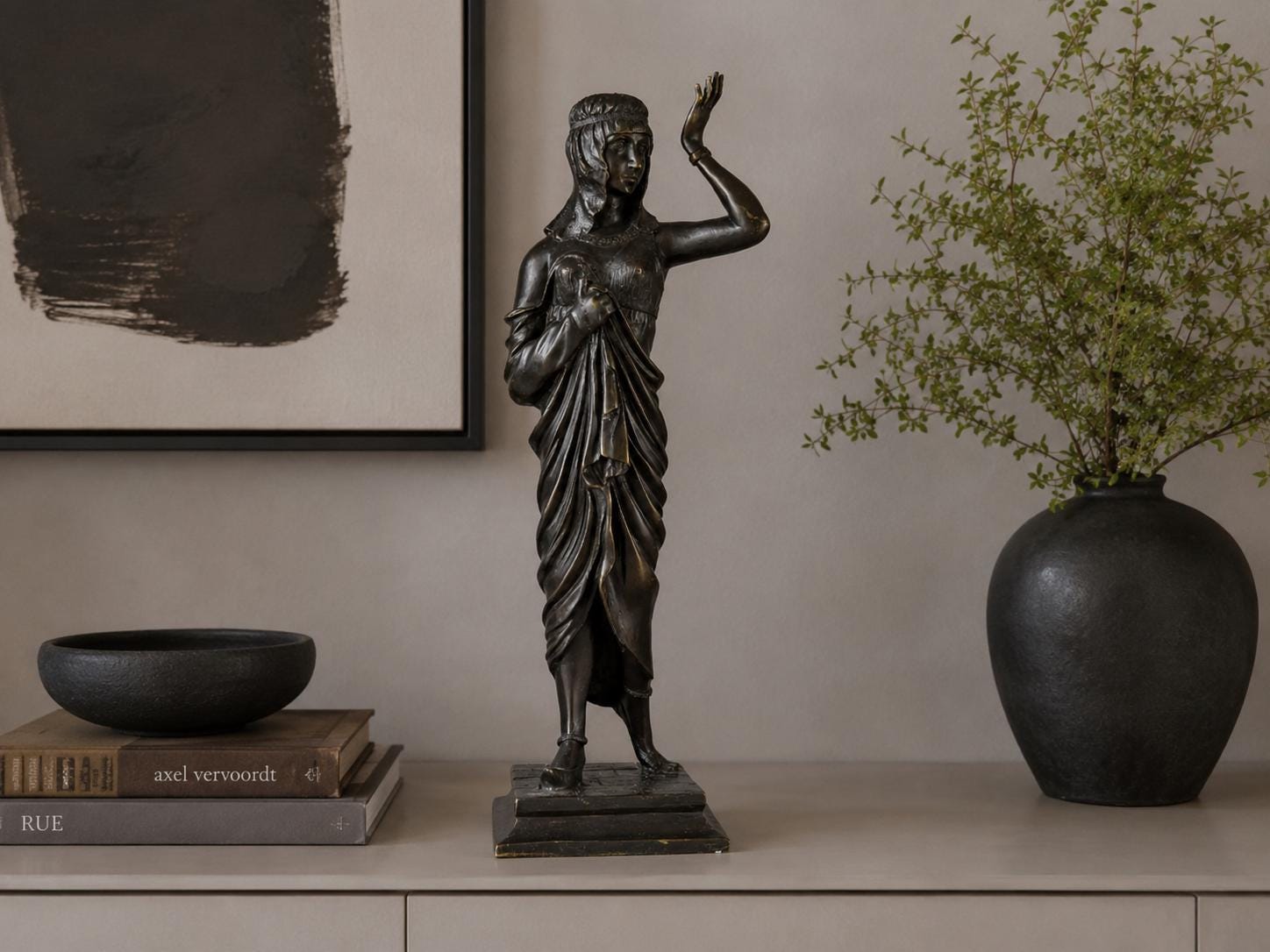 Large Patinated Bronze or Spelter Sculpture, Egyptian-Style Female Figure, 1920s