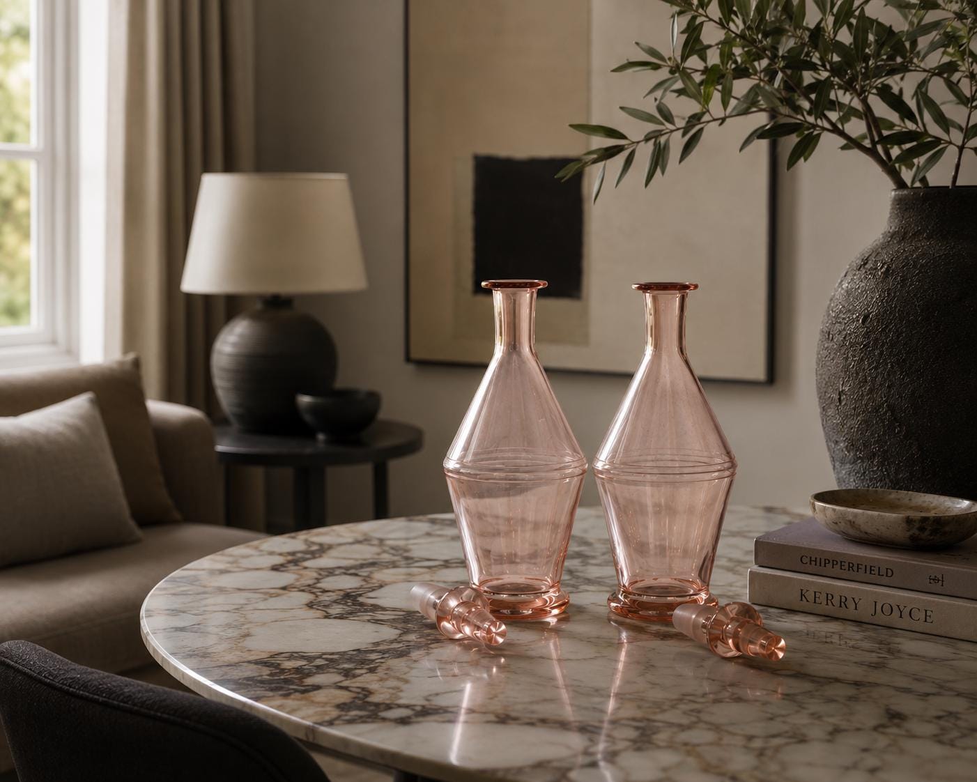 Vintage Pink Glass Carafe Pair, Faceted Art Deco Form — French, 1960s