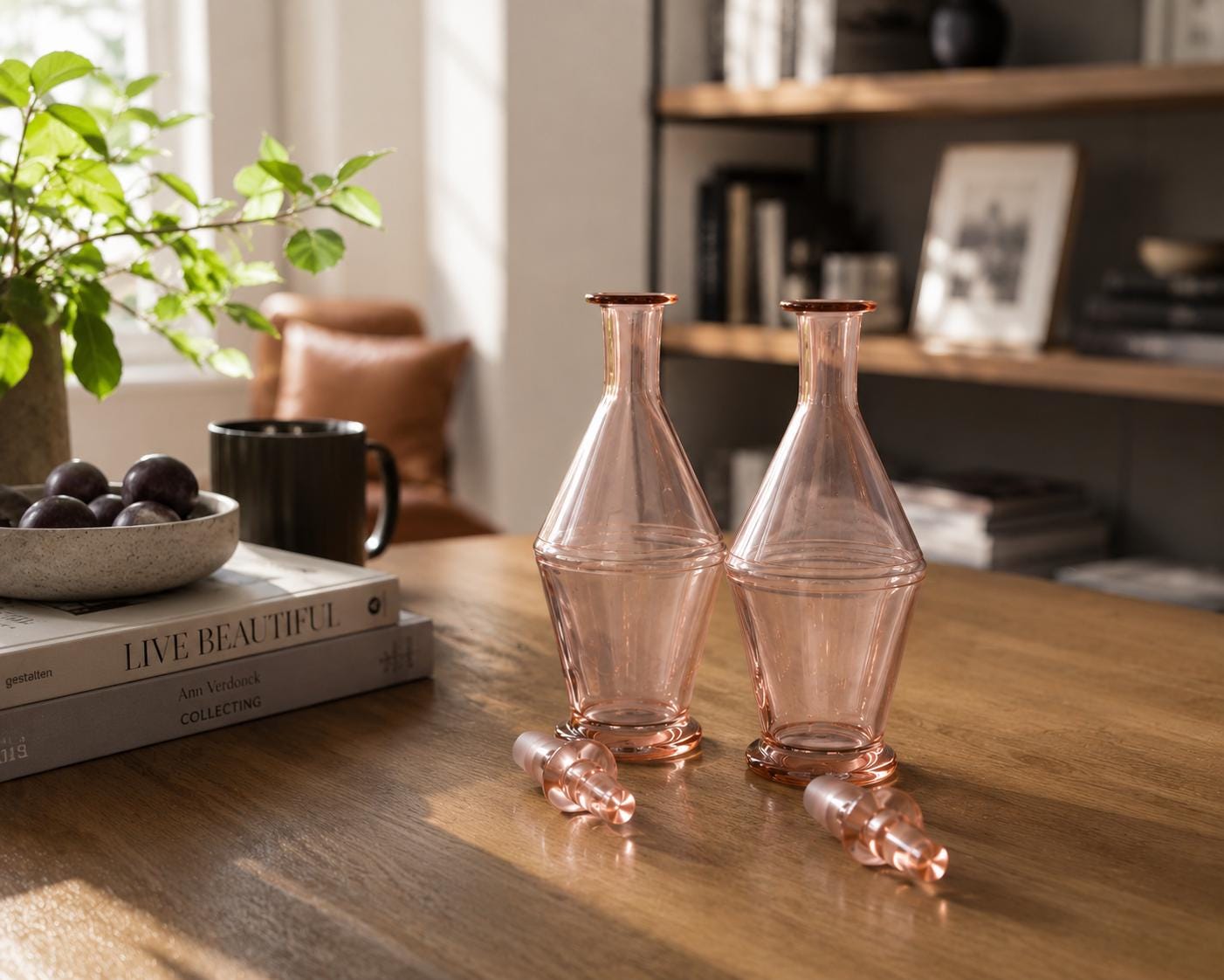 Vintage Pink Glass Carafe Pair, Faceted Art Deco Form — French, 1960s