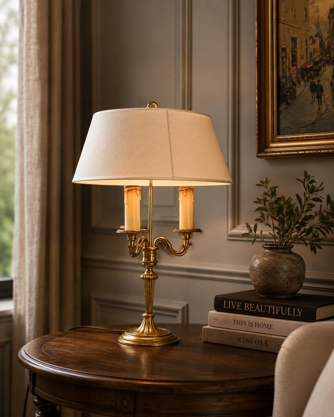 French Bouillotte Lamp, Gilt Brass Three-Arm Candelabra Base, Louis XVI Style, 1950s