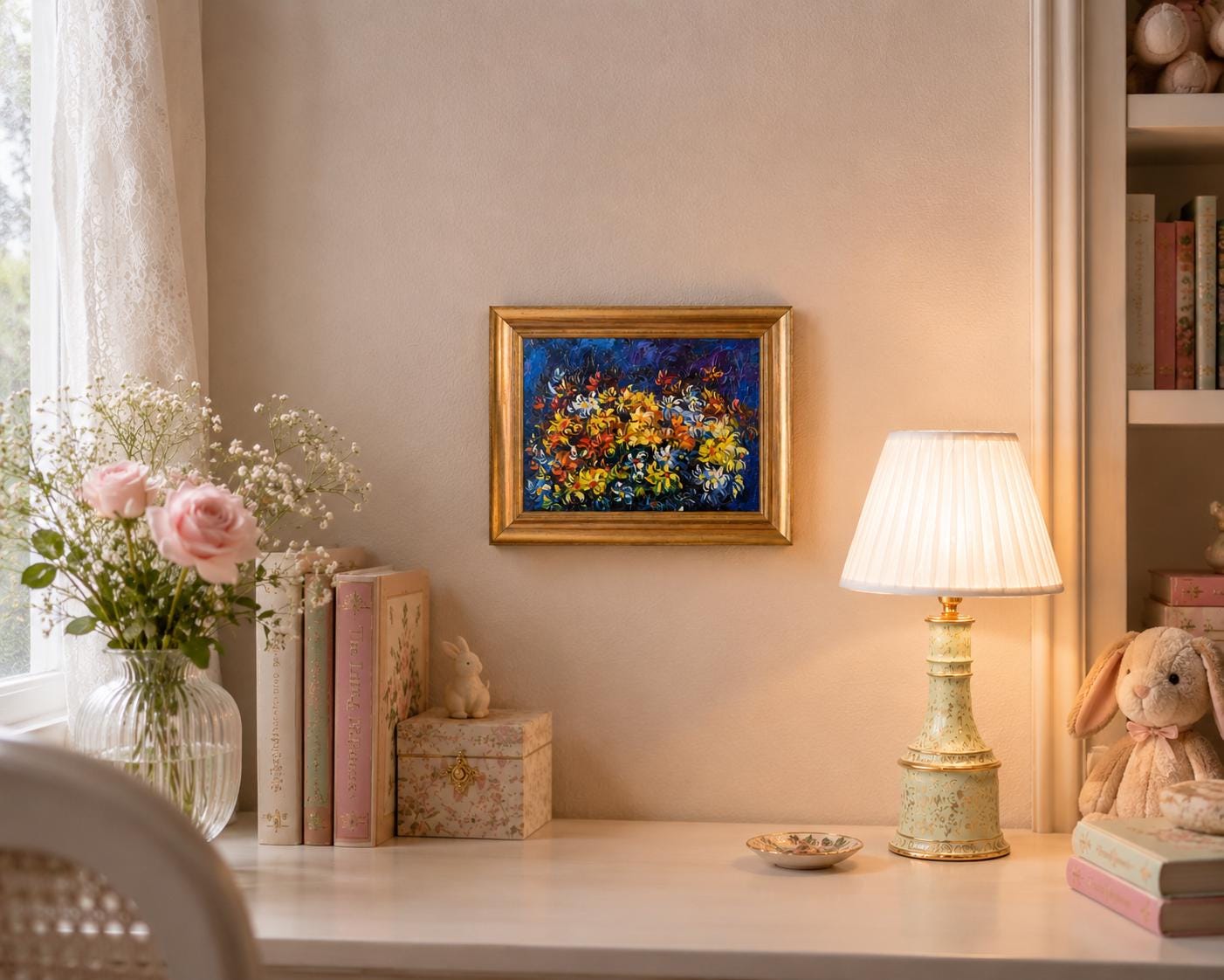Vintage Floral Impasto Oil Painting, Expressionist Still Life, Gilt Frame, 1950s
