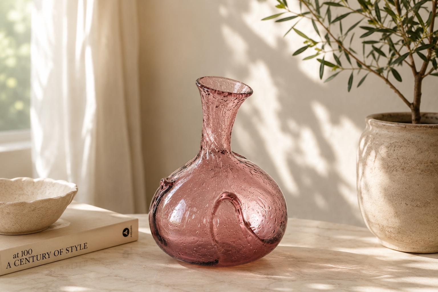 Vintage Amethyst Bullicante Bubble Glass Vase, Hand Blown, Murano Style, 1990s