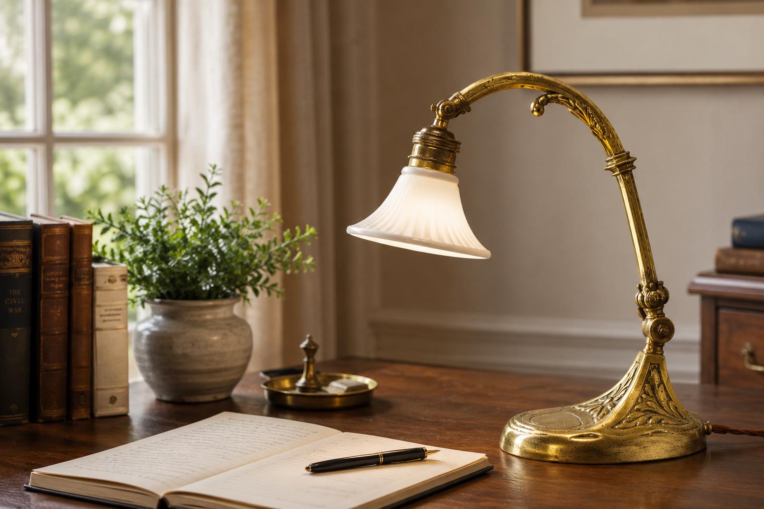 Vintage Brass Desk Lamp, Art Nouveau Style, Adjustable Goose-Neck Arm, 1920s