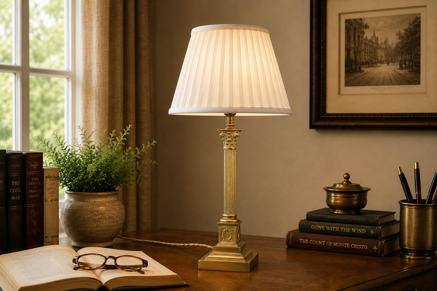 Vintage Brass Column Table Lamp, Fluted Neoclassical Style, Laurel Wreath Base, 1930s