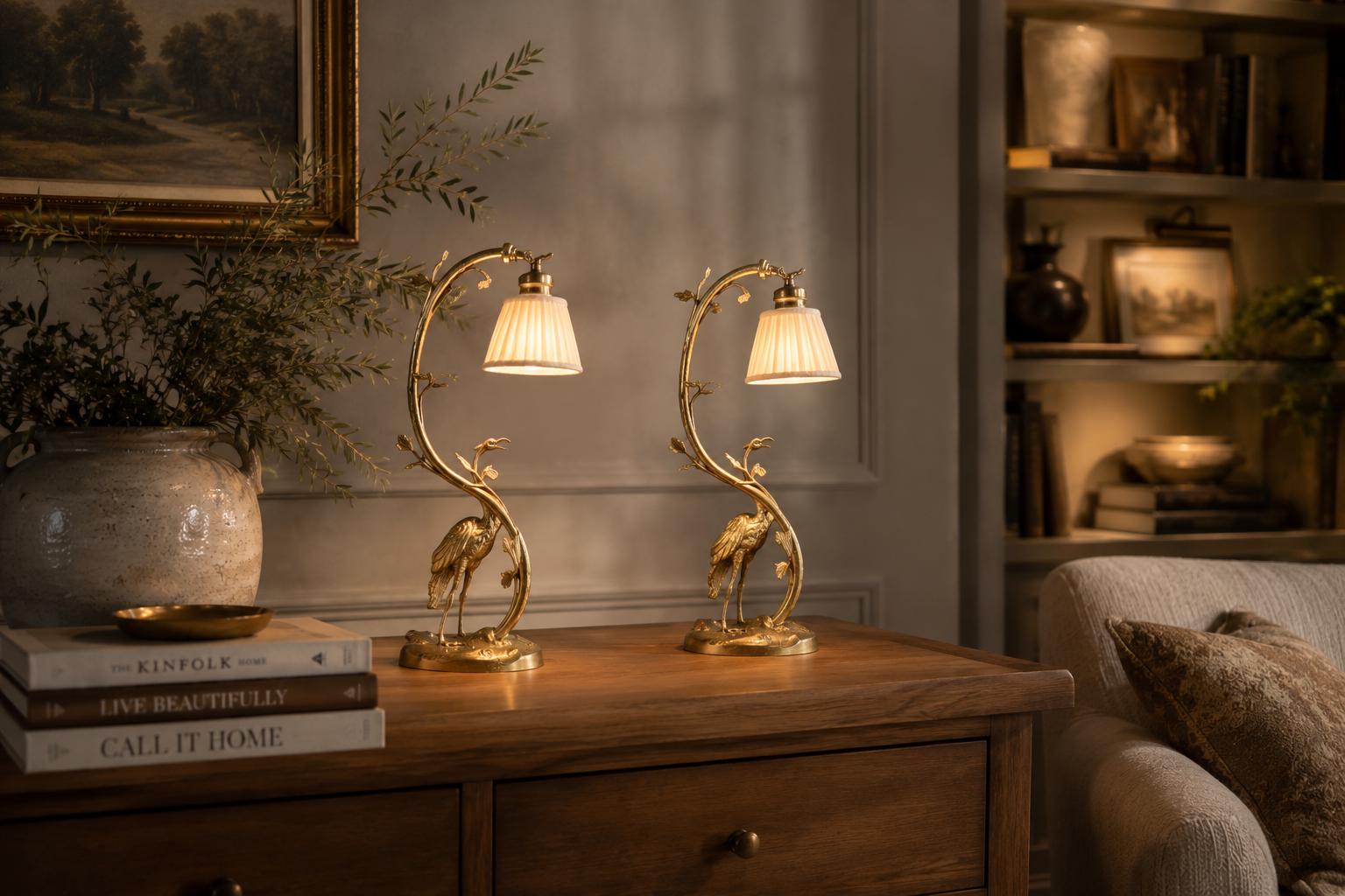 Pair of Gilt Crane Table Lamps, Hollywood Regency / French Art Deco Style, 1930s