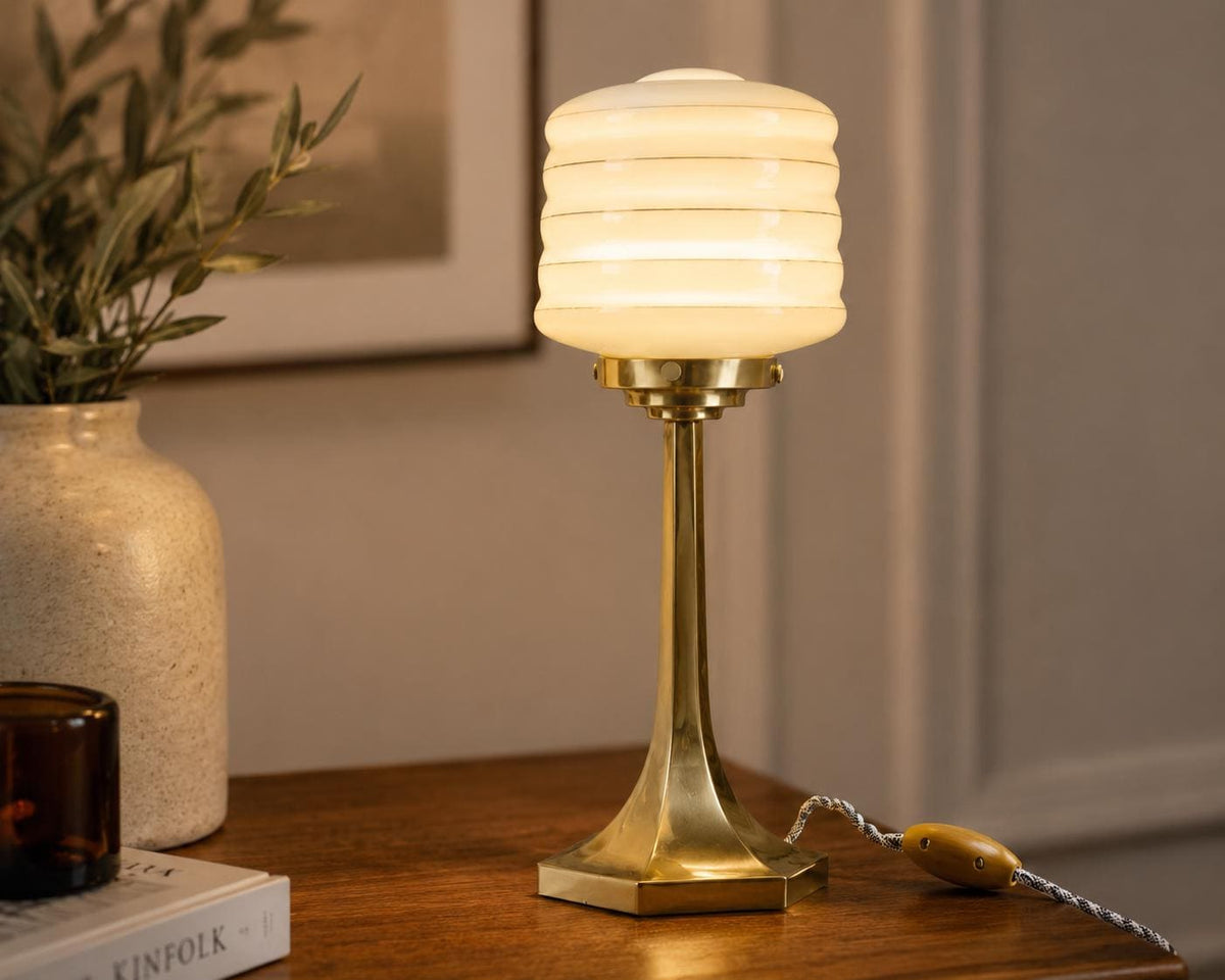 Josef Hoffmann Style Table Lamp, Brass Base with Ribbed Opaline Glass Shade, Wiener Werkstätte Inspired