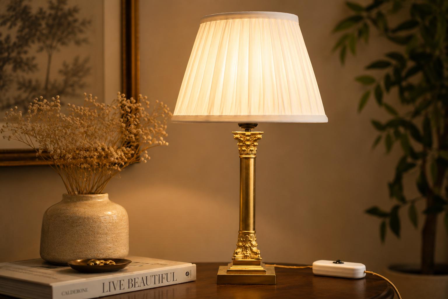 Vintage Brass Column Table Lamp, Ornate Capital and Base — 1950s