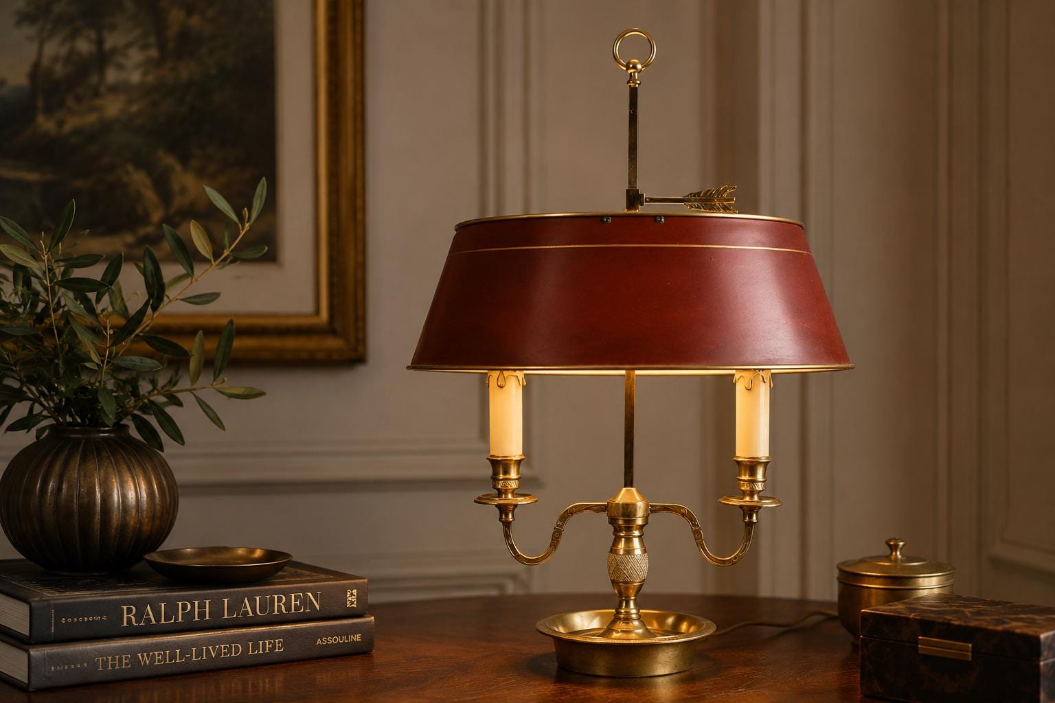 French Bouillotte Lamp, Brass Two-Light Base with Red Tôle Shade, 1930s