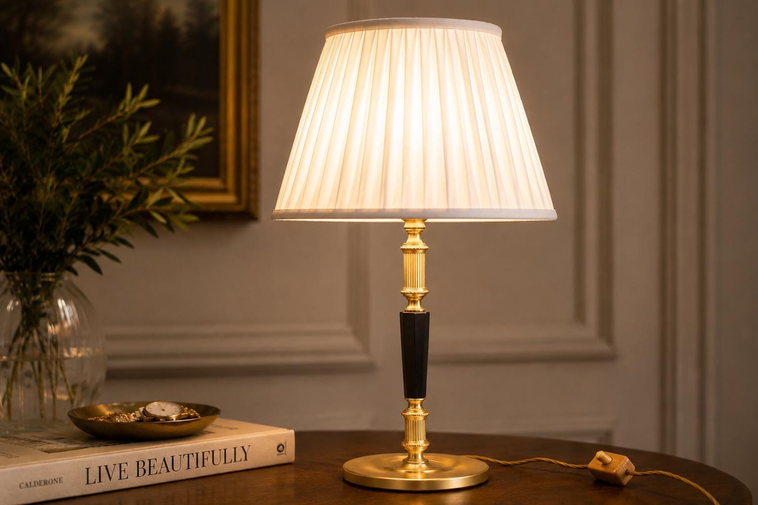 Mid-Century Gilded Brass Desk Lamp with Pleated Shade, 1950s