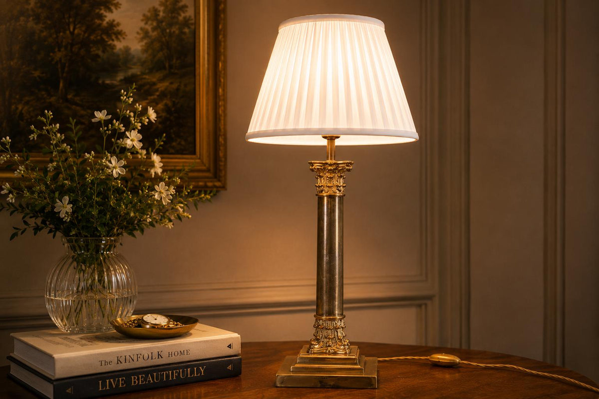 Vintage Brass Column Table Lamp, Corinthian Capital — Neoclassical Empire Style, 1950s