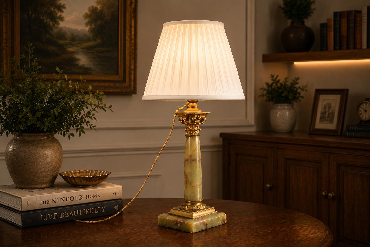 Antique Onyx Column Lamp, Fire-Gilt Chased Bronze Corinthian Capital — French, 19th Century