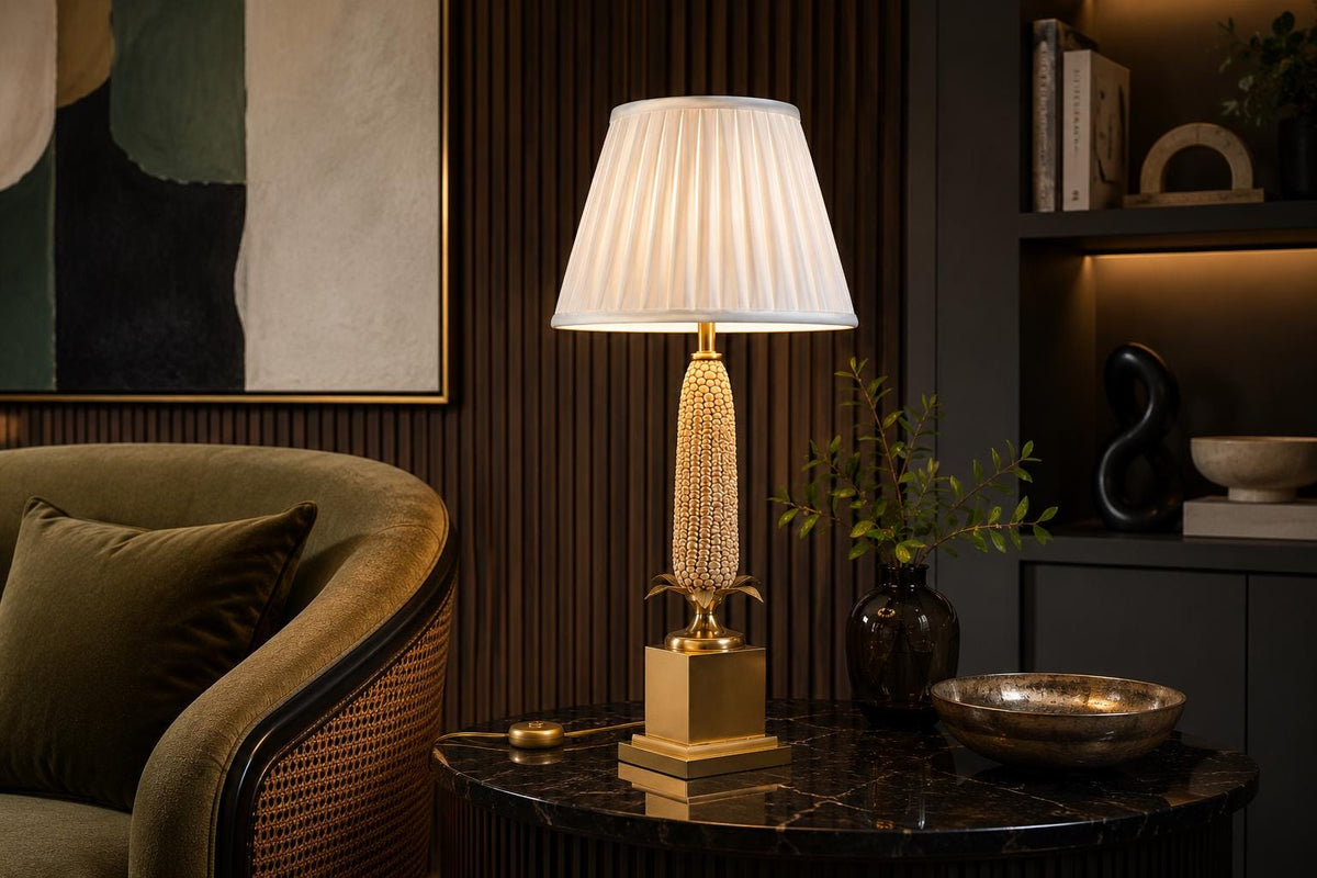 Mid-Century Brass Corn Table Lamp with Pleated Shade, 1970s