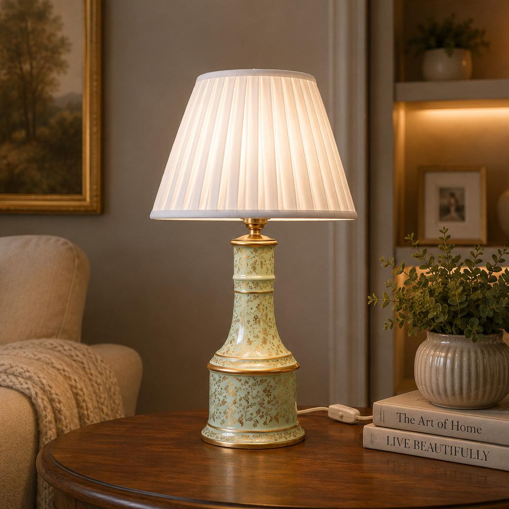 Vintage Chinoiserie Table Lamp | Mint Green Porcelain with Gold Gilt Floral Detail | French Country Baluster Lamp | Circa 1950s