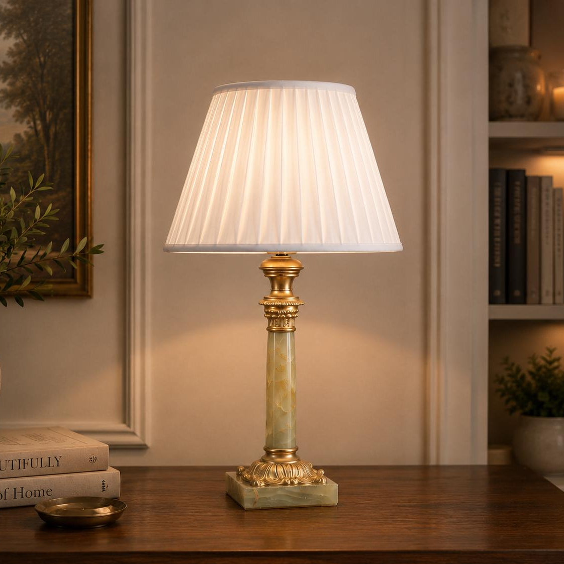 Vintage Onyx & Gilded Bronze Corinthian Column Lamp | Neoclassical Hollywood Regency Lighting | Circa 1930s