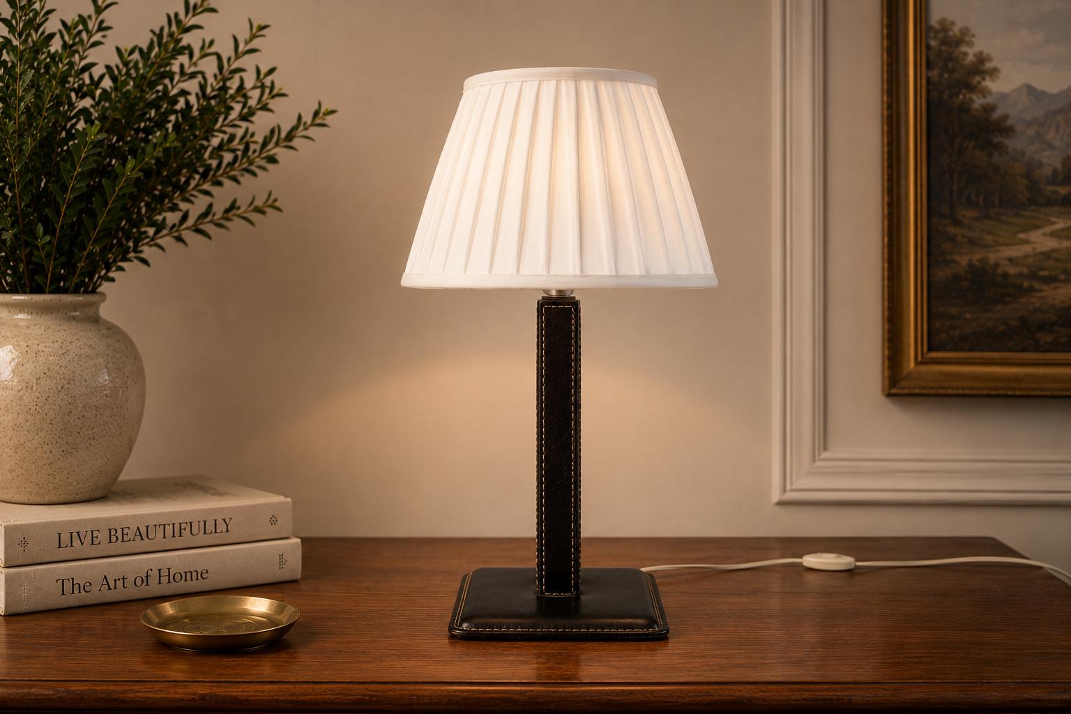 Vintage Leather Table Lamp, Pleated Shade — Mid-Century Modern, 1960s