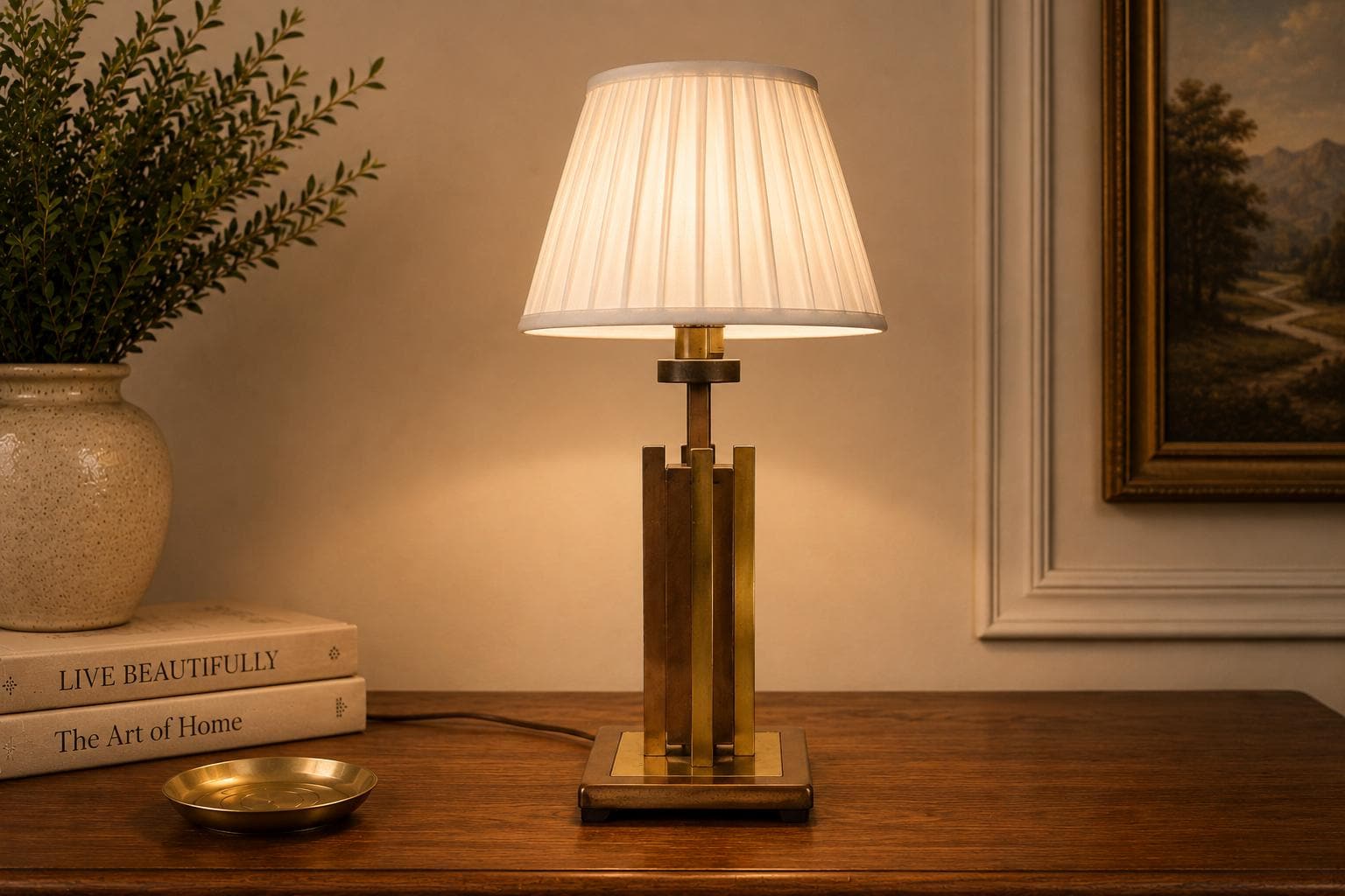 Vintage Geometric Brass Table Lamp, 1980s | Faceted Column, Pleated White Shade | Mid-Century Modern Accent Lighting
