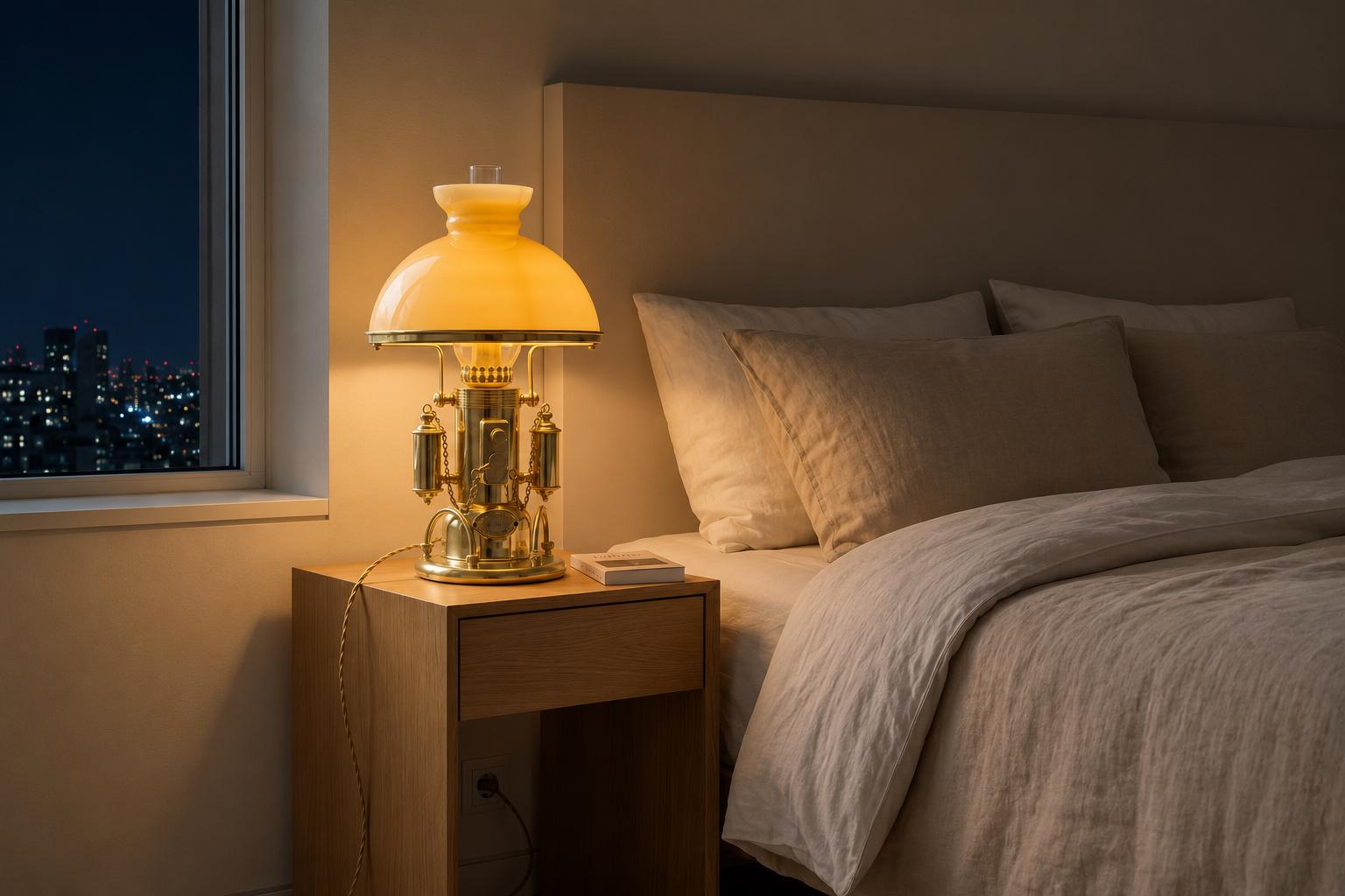 Vintage 1980s Gold-Plated Brass Nautical-Style Table Lamp – "SS Kansas City" Maritime Signal Lamp Design, Glass Dome Shade