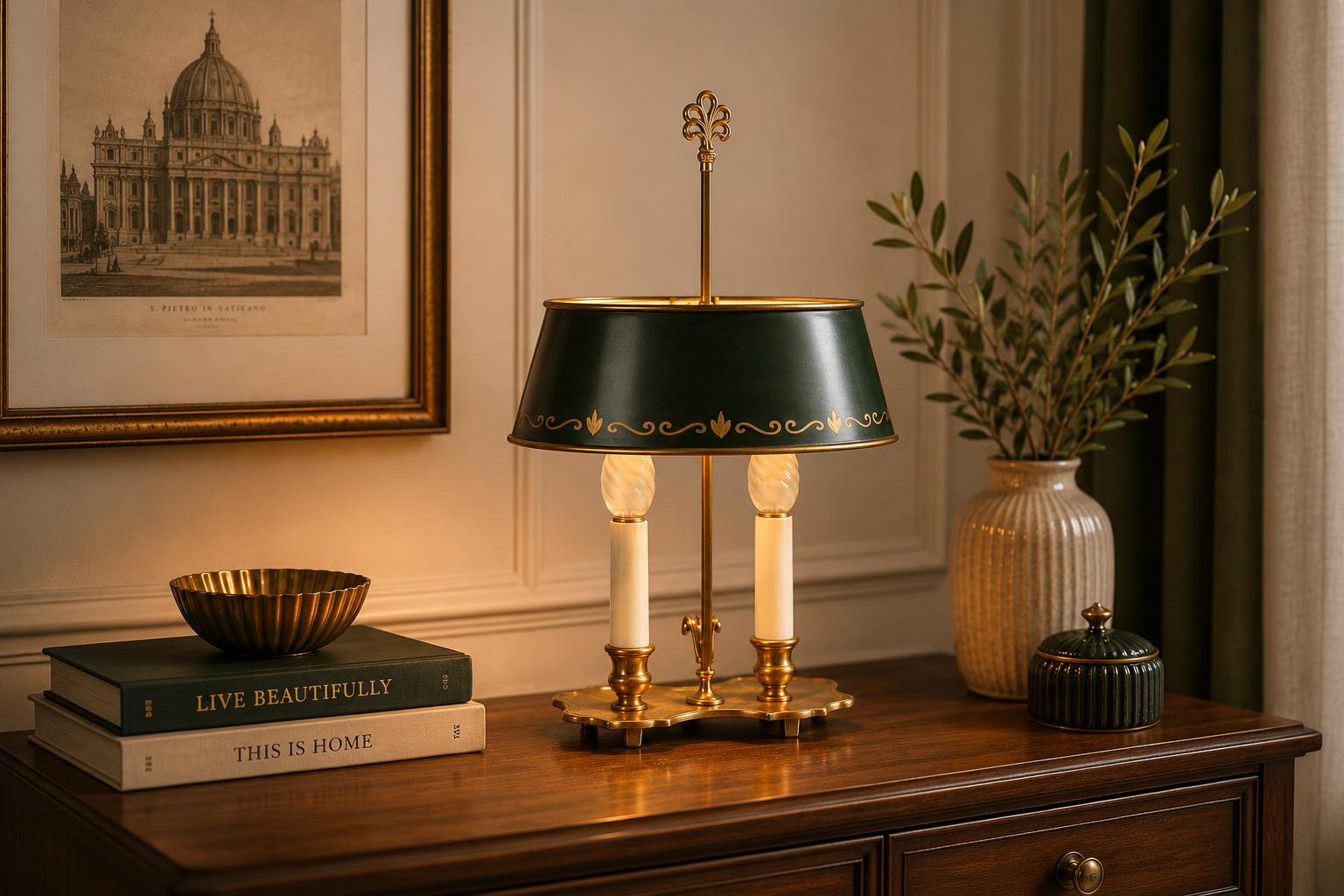 Vintage Brass Bouillotte Lamp, Green Tole Shade with Gold Trim, Dual Light, French Style
