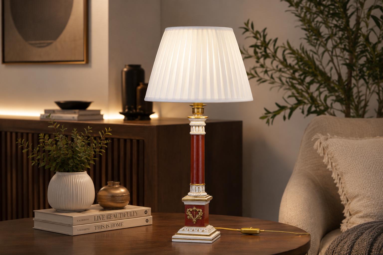 Ceramic Column Table Lamp, Red and Gold, Art Deco Style, Attributed to Ugo Zaccagnini, Italy 1950s