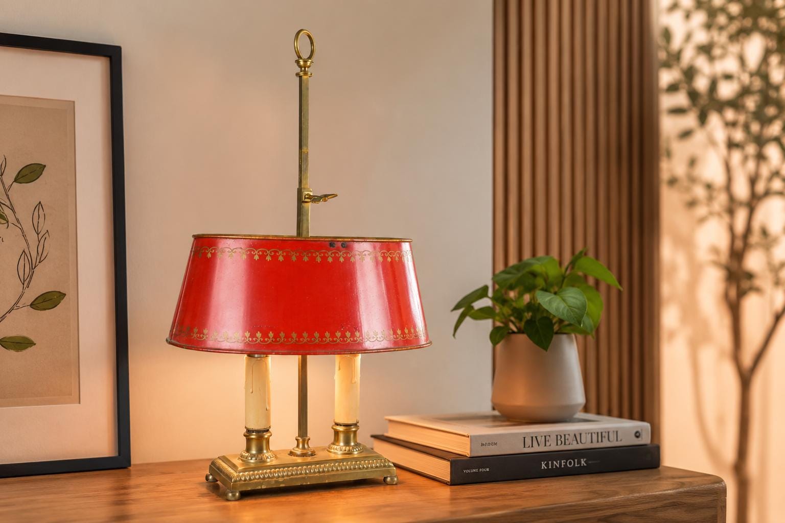 Vintage Brass Bouillotte Table Lamp, Red Tole Shade — French Style, circa 1950s