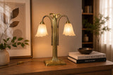 Vintage Brass Double-Arm Table Lamp, Frosted Tulip Shades — Art Nouveau Style, 1950s