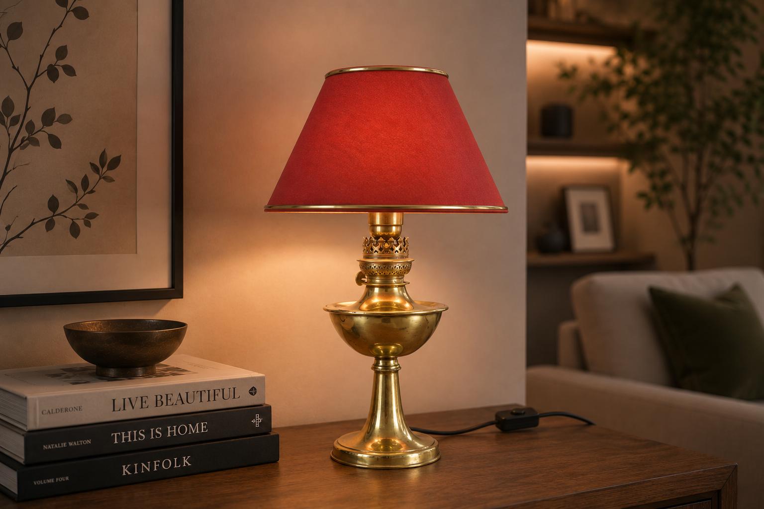 Antique Brass Oil Lamp, Electrified — Victorian Style Table Lamp, 19th Century